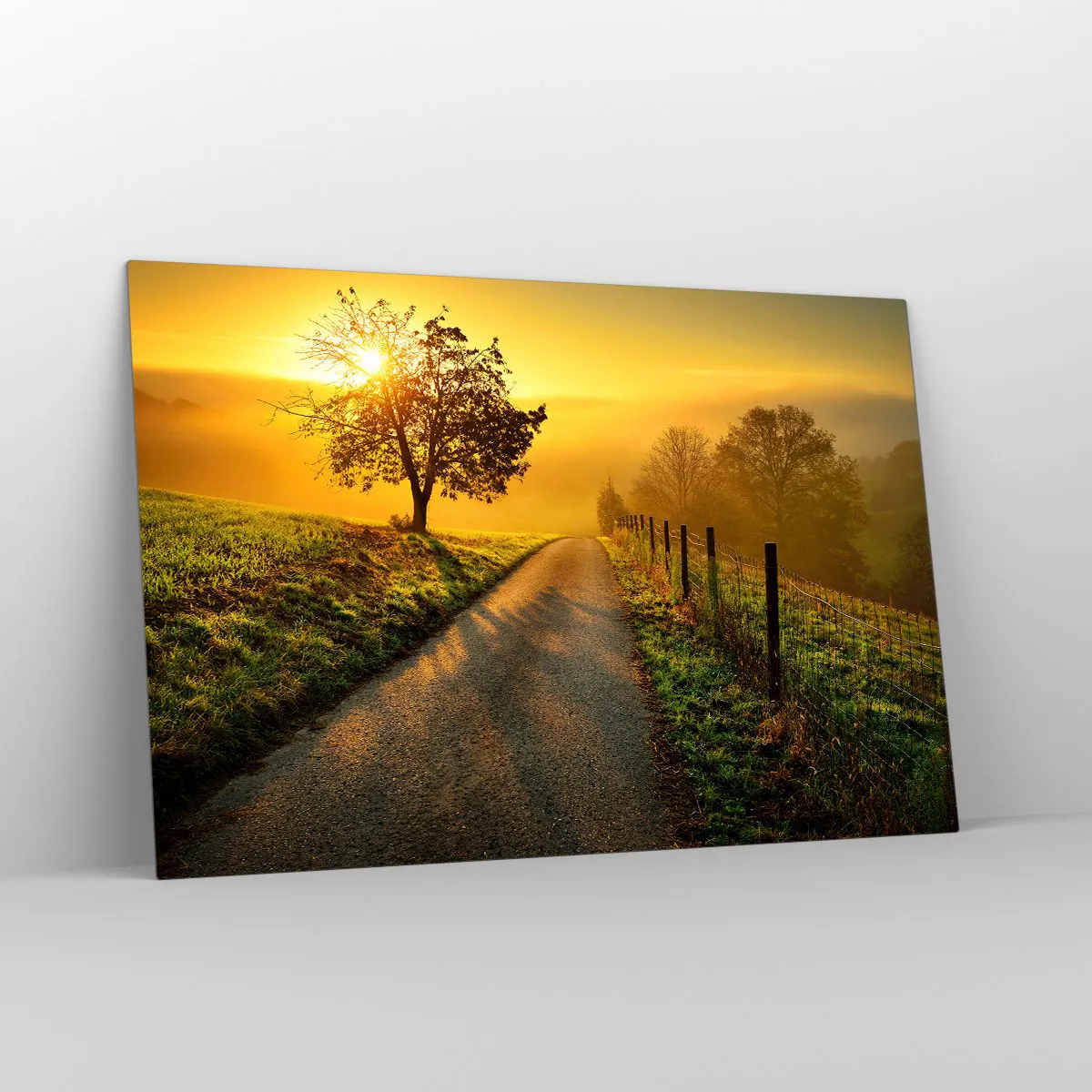 Quadro su vetro - Una strada attraverso un paesaggio rurale al tramonto - 120x80cm - Pomeriggio di miele - Decorazione murale moderna per soggiorno e camera da letto ARTTOR
