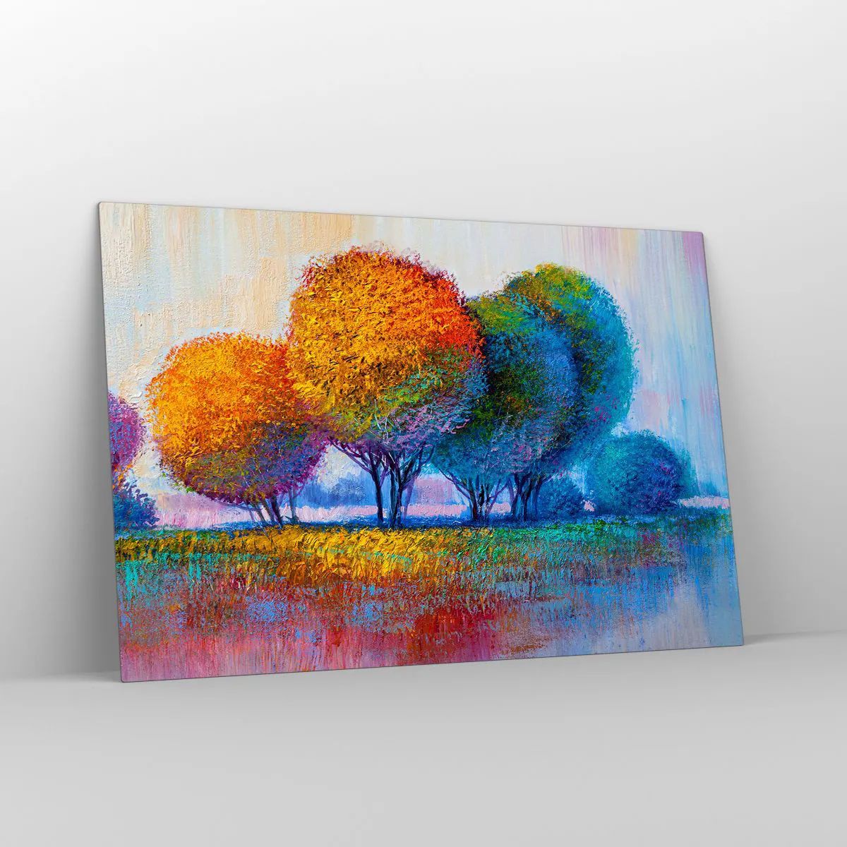 Impression sur verre - Image sur verre - Arbres colorés aux couleurs d'automne contre un ciel bleu - 120x80cm - Un bouquet de couleurs éclatantes - Décoration murale moderne pour le salon et la chambre ARTTOR