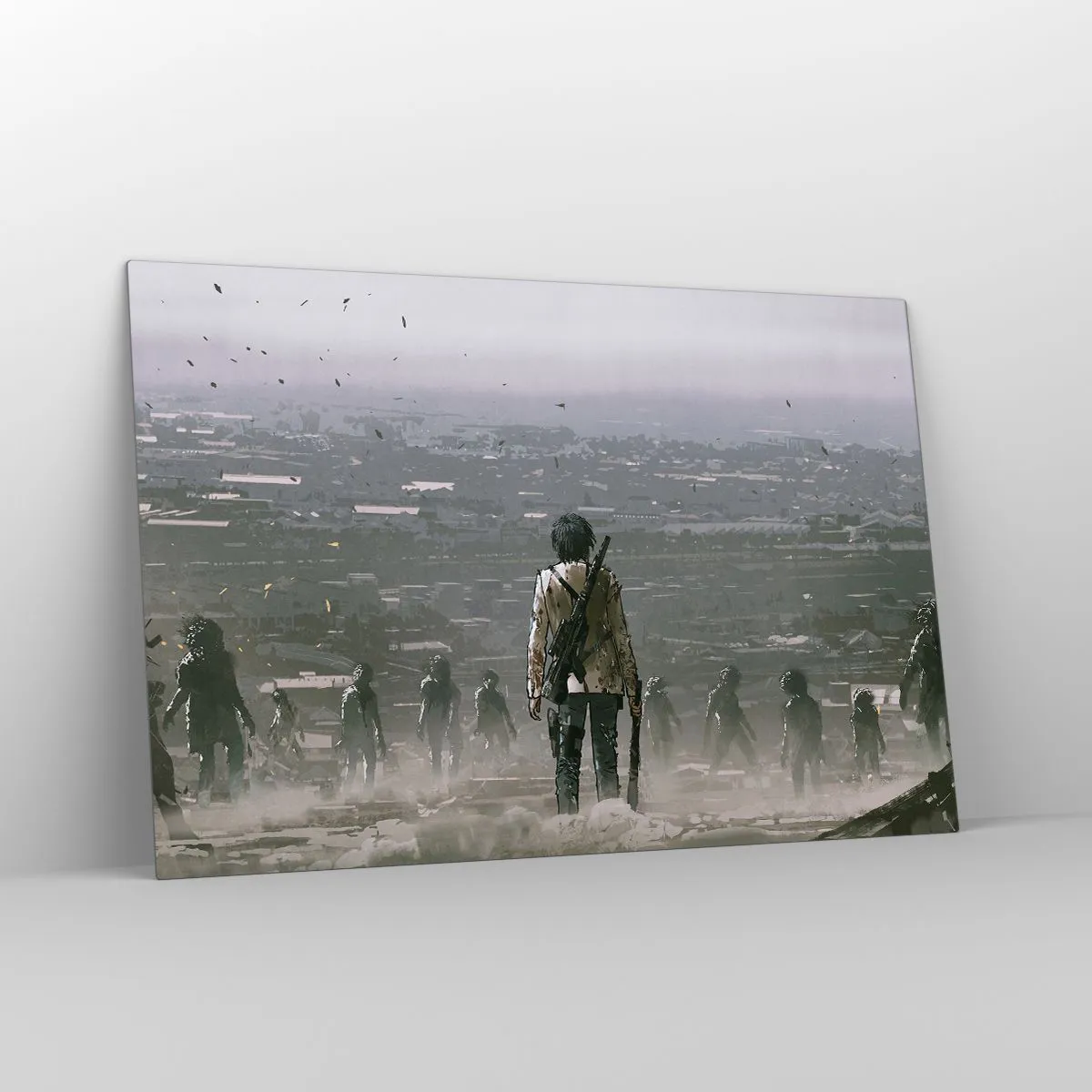 Obraz na szkle - Postać z karabinem w mrocznej scenerii zbliżającej się grupy - 120x80cm - Ostatni sprawiedliwy? - Nowoczesna dekoracja ścienna do salonu, kuchni i sypialni ARTTOR