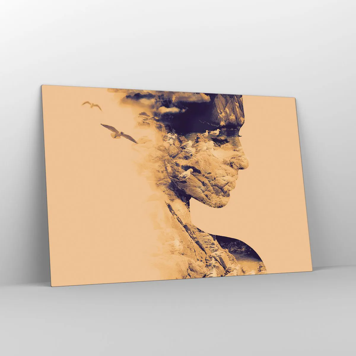 Impression sur verre - Image sur verre - Silhouette d'une femme avec un motif de paysage et d'oiseaux - 120x80cm - Beauté de la nature - Décoration murale moderne pour le salon et la chambre ARTTOR