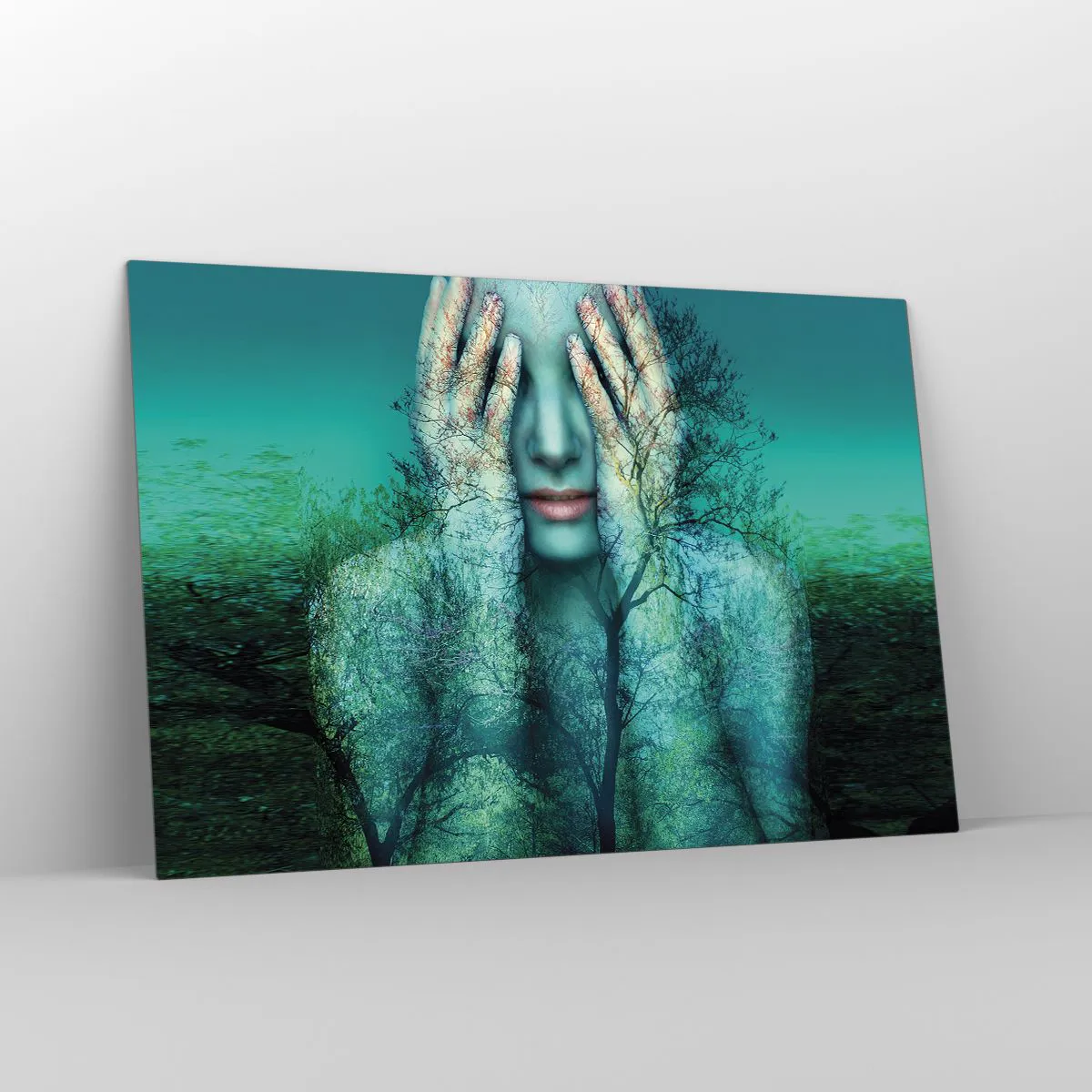 Cuadro sobre vidrio - Impresiones sobre Vidrio - Un rostro de mujer con un motivo de árbol en un entorno surrealista. - 120x80cm - Sumergida en azul - Decoración de pared moderna para salón y dormitorio ARTTOR