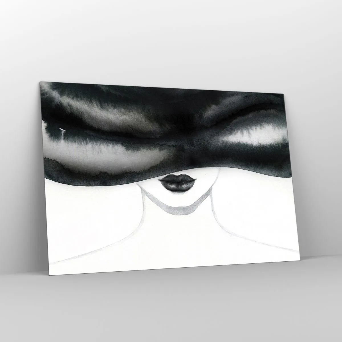 Glasbild - Bild auf glas - Geheimnisvolles Gesicht mit verdeckten Augen in Schwarz-Weiß-Aquarell - 120x80cm - Ein sinnliches Geheimnis - Moderne Wanddekoration für Wohnzimmer und Schlafzimmer ARTTOR