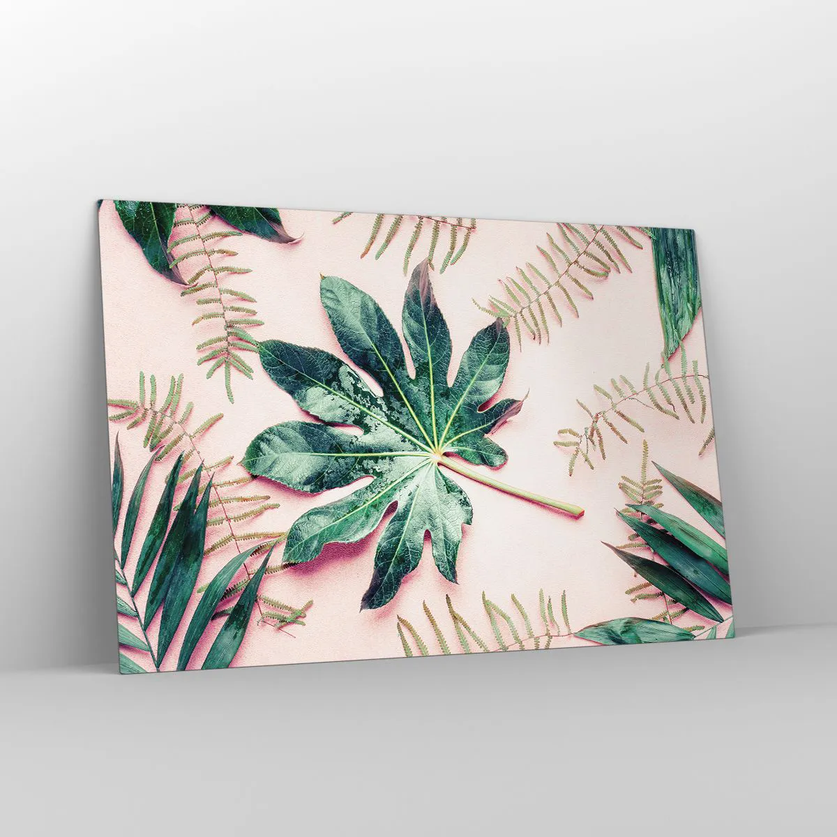 Üveg kép - A zöld tanulmánya a rózsaszín háttérben - 120x80 cm