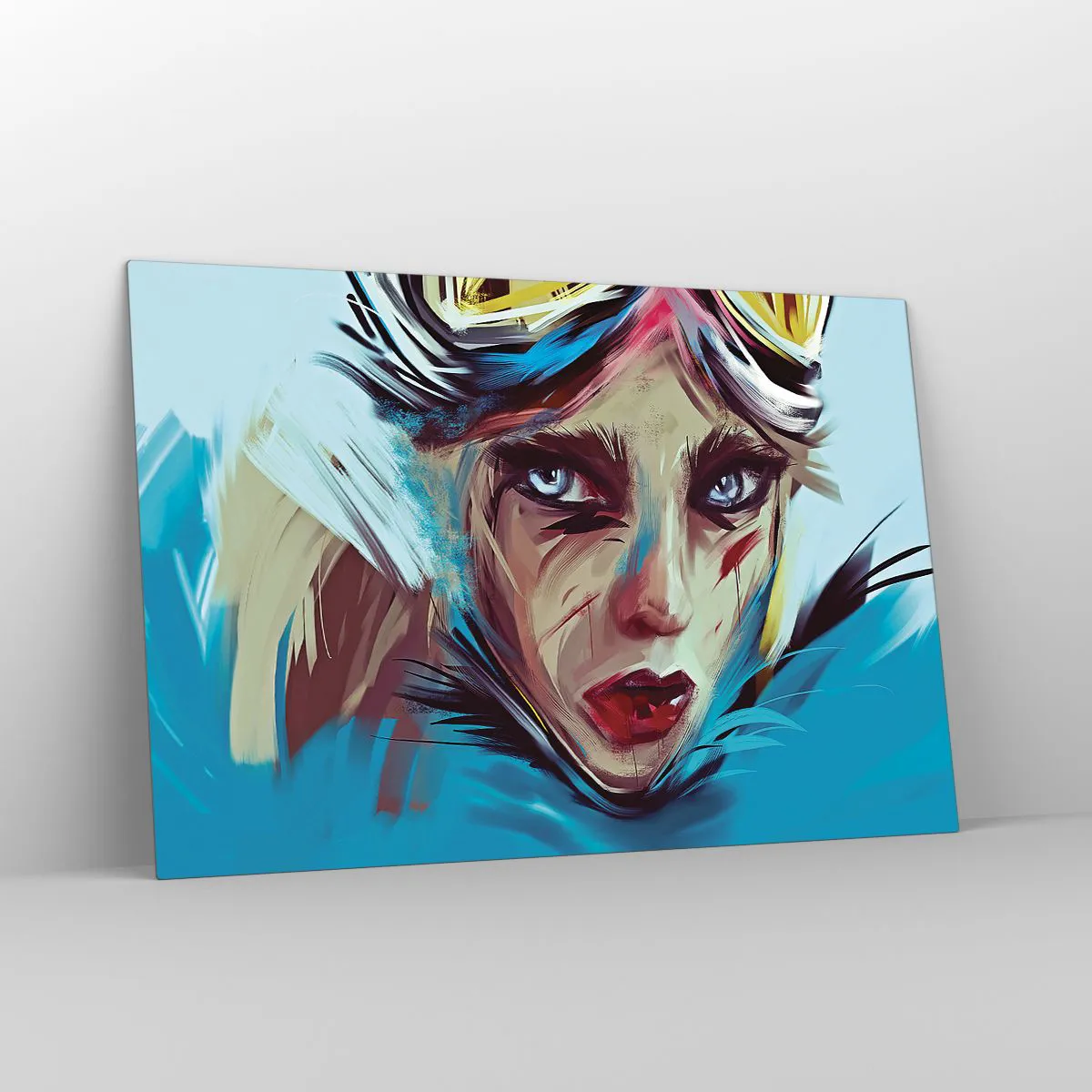 Glasbild - Bild auf glas - Porträt einer Frau mit Schutzbrille und blauen Pinselstrichen - 120x80cm - Strassenkämpferin - Moderne Wanddekoration für Wohnzimmer und Schlafzimmer ARTTOR