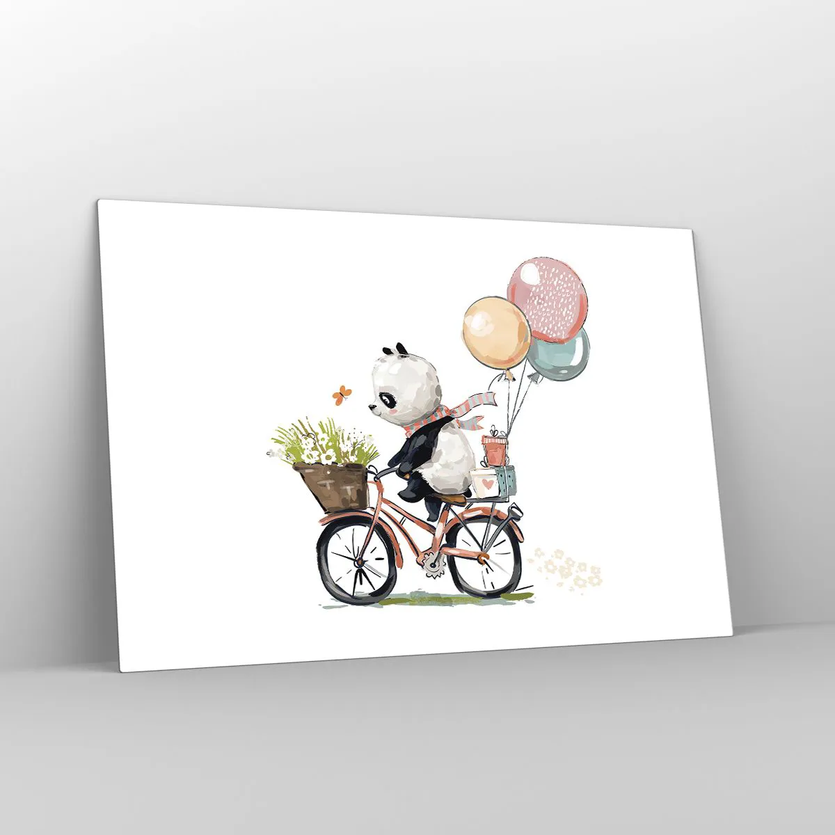 Glasbild - Bild auf glas - Ein Panda auf einem Fahrrad mit Luftballons und einem Blumenkorb. - 120x80cm - Glücklicher Tag - Moderne Wanddekoration für Wohnzimmer und Schlafzimmer ARTTOR