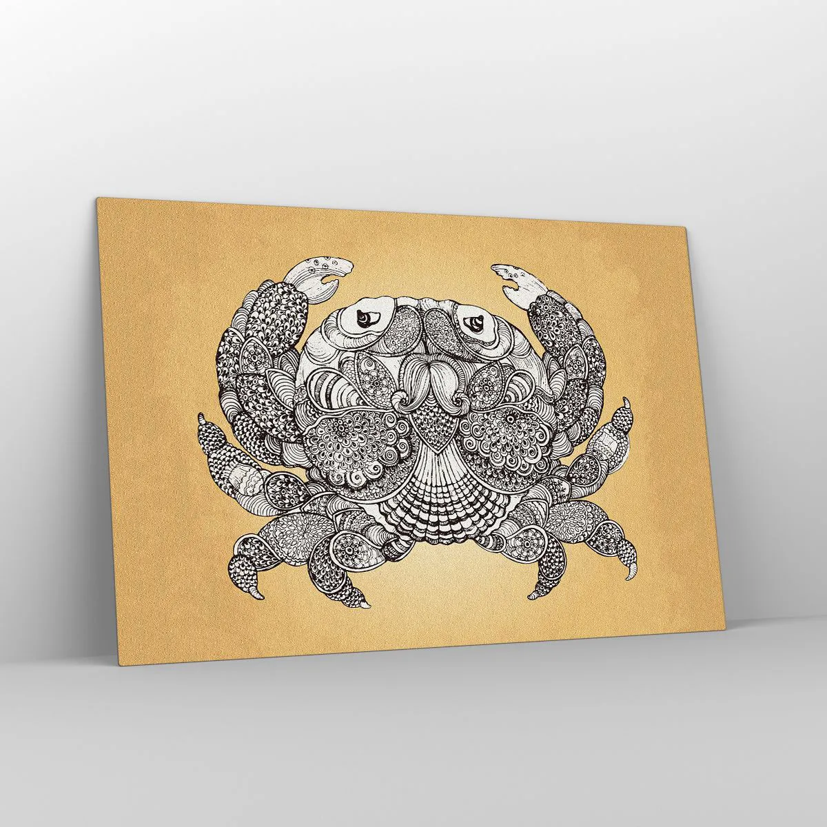 Cuadro sobre vidrio - Impresiones sobre Vidrio - Dibujo estilizado de un cangrejo con adornos sobre un fondo amarillo. - 120x80cm - Cuentos del Sr. Cangrejo - Decoración de pared moderna para salón y dormitorio ARTTOR