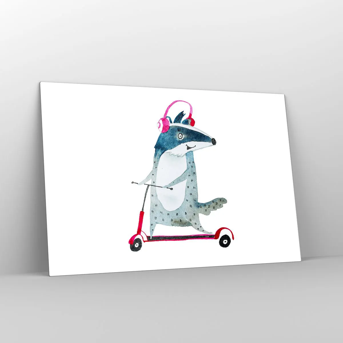Glasbild - Bild auf glas - Dachs mit Kopfhörern auf einem Aquarell-Roller - 120x80cm - Dachsfreude - Moderne Wanddekoration für Wohnzimmer und Schlafzimmer ARTTOR