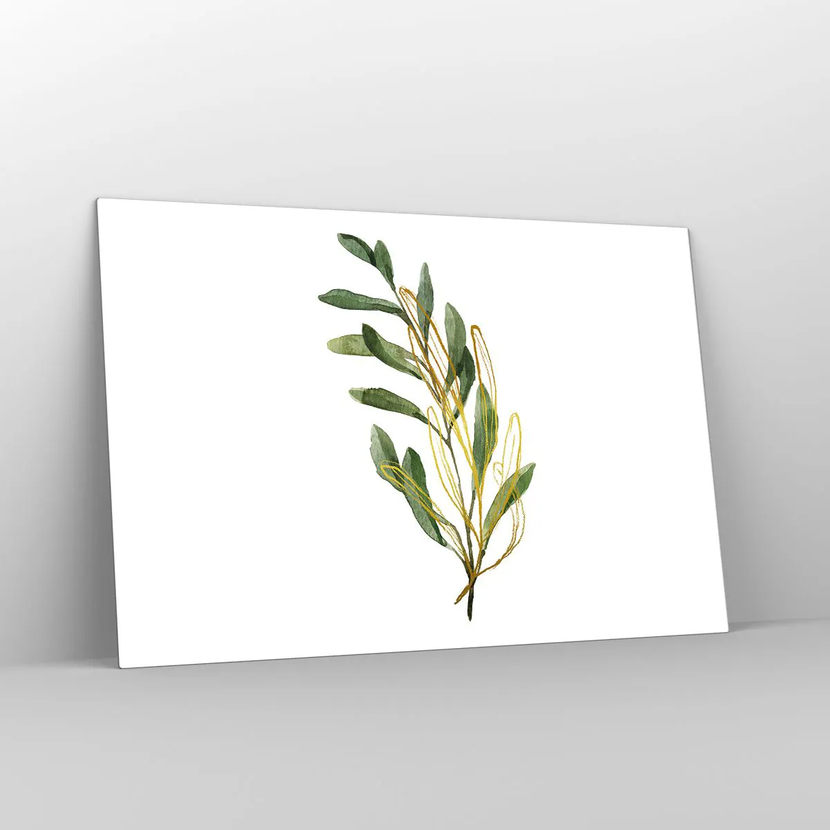 Glasbild - Bild auf glas - Ein grüner Zweig mit einem zarten goldenen Akzent - 120x80cm - Alles was gut ist - Moderne Wanddekoration für Wohnzimmer und Schlafzimmer ARTTOR