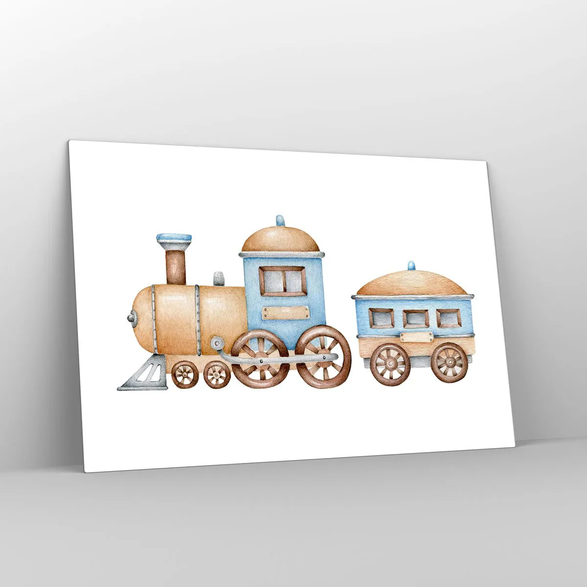 Obraz na szkle - Ilustracja pociągu parowego w odcieniach błękitu i beżu na białym tle - 120x80cm - Stoi na stacji... - Nowoczesna dekoracja ścienna do salonu, kuchni i sypialni ARTTOR
