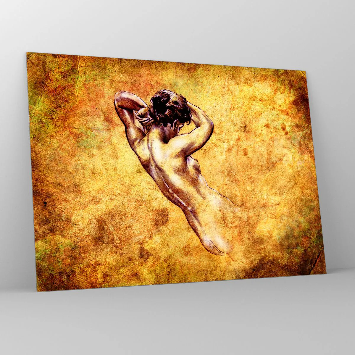 Quadro em vidro - Figura artística de um homem contra um fundo vintage - 70x50cm - Descoberta, mas ainda um mistério - Decoração de parede moderna para a sala de estar e quarto ARTTOR