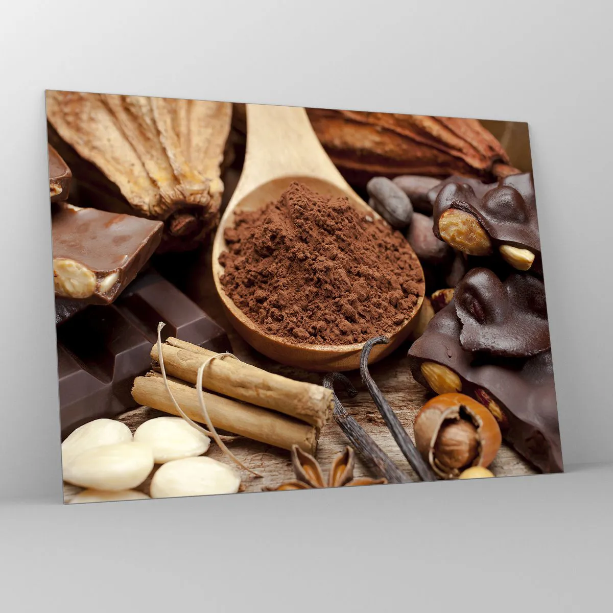 Glass picture - A spoonful of cocoa surrounded by chocolate, spices and nuts - 70x50cm - Best for Stress - Modern wall decoration for the living room and bedroom ARTTOR