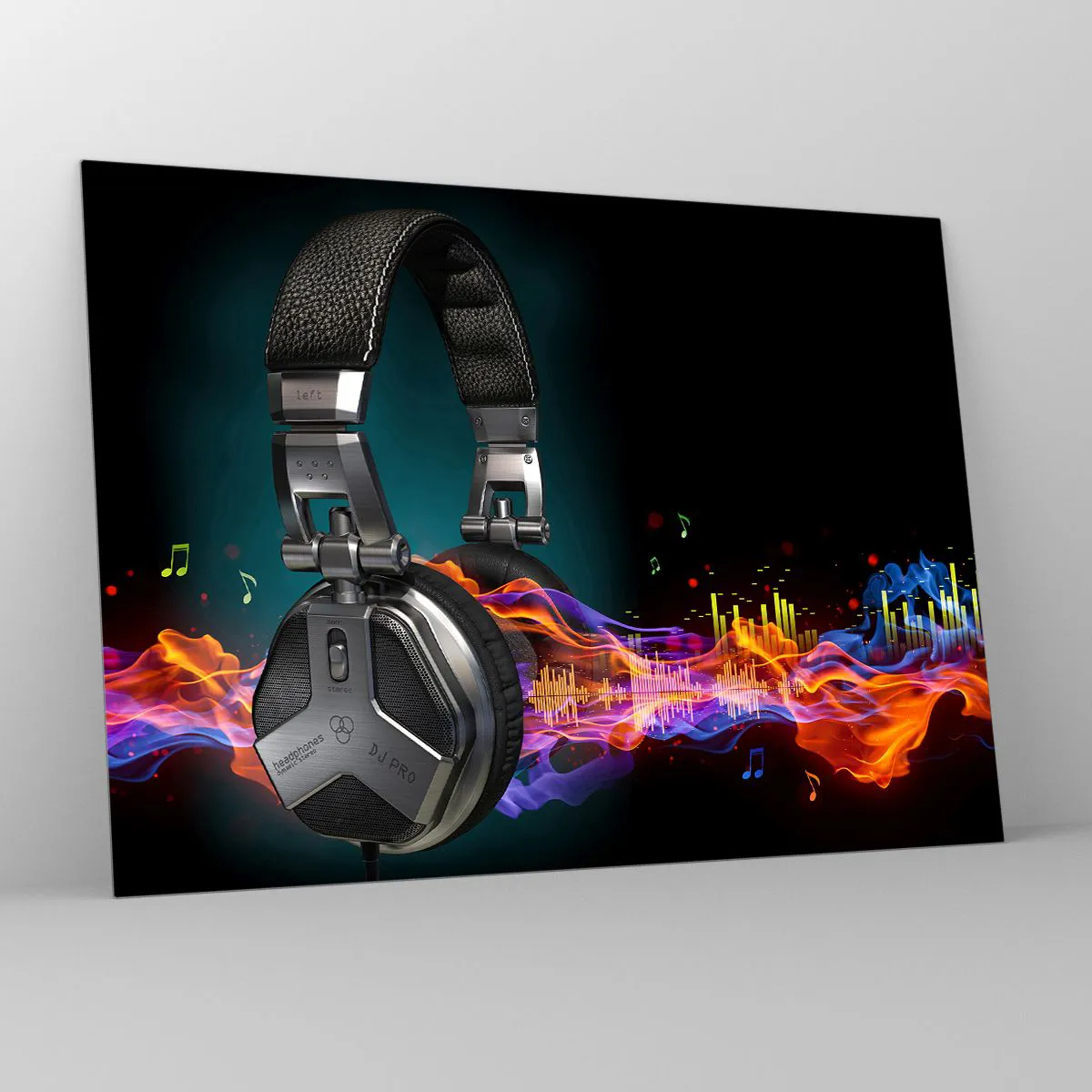 Obraz na skle - DJ sluchátka s barevnými zvukovými vlnami a hudebními notami - 70x50cm - V ohni hudby - Moderní nástěnná dekorace do obývacího pokoje a ložnice ARTTOR