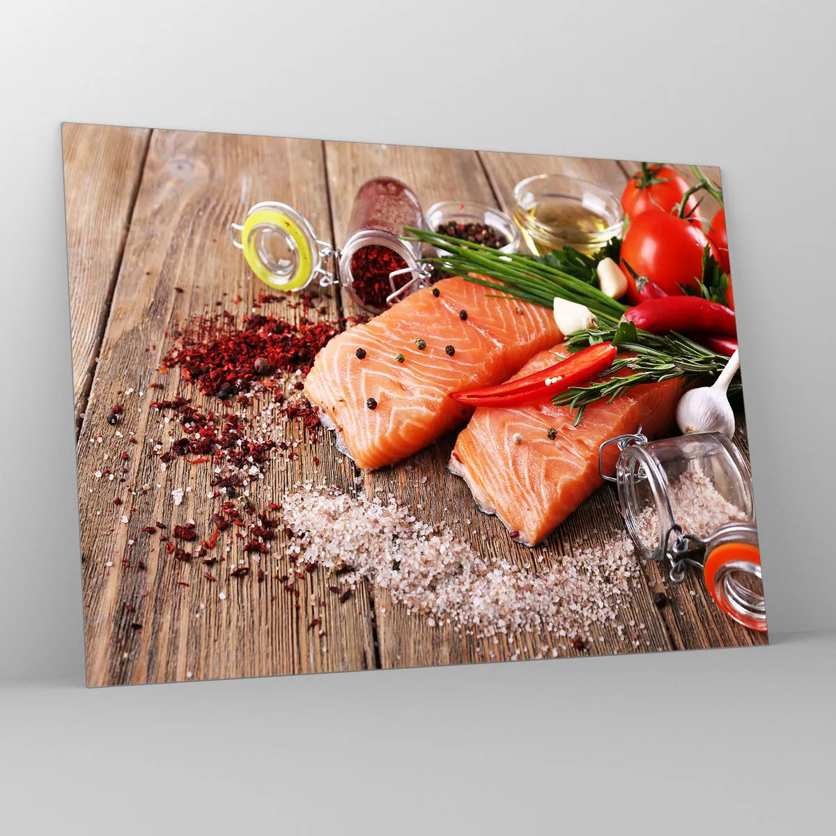 Glasbild - Bild auf glas - Lachsfilets mit Gewürzen auf einer Holzarbeitsplatte - 70x50cm - Norwegisches Abenteuer in der Küche - Moderne Wanddekoration für Wohnzimmer und Schlafzimmer ARTTOR