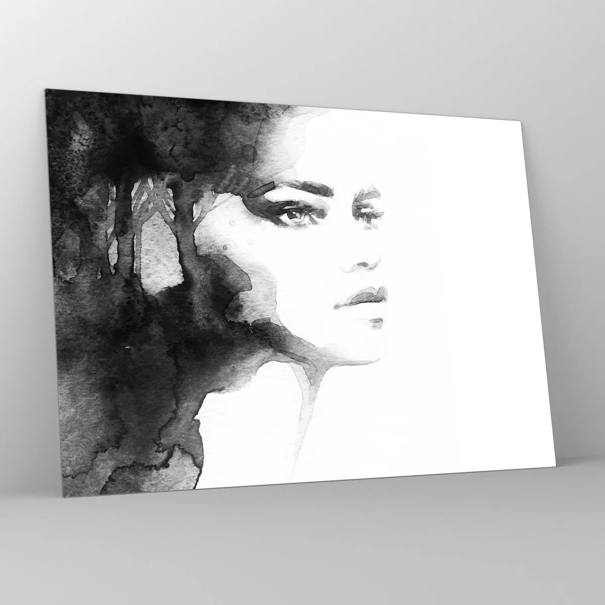 Glass picture - Black and white watercolor portrait of a woman - 70x50cm - Created from Mystery and Mist - Modern wall decoration for the living room and bedroom ARTTOR