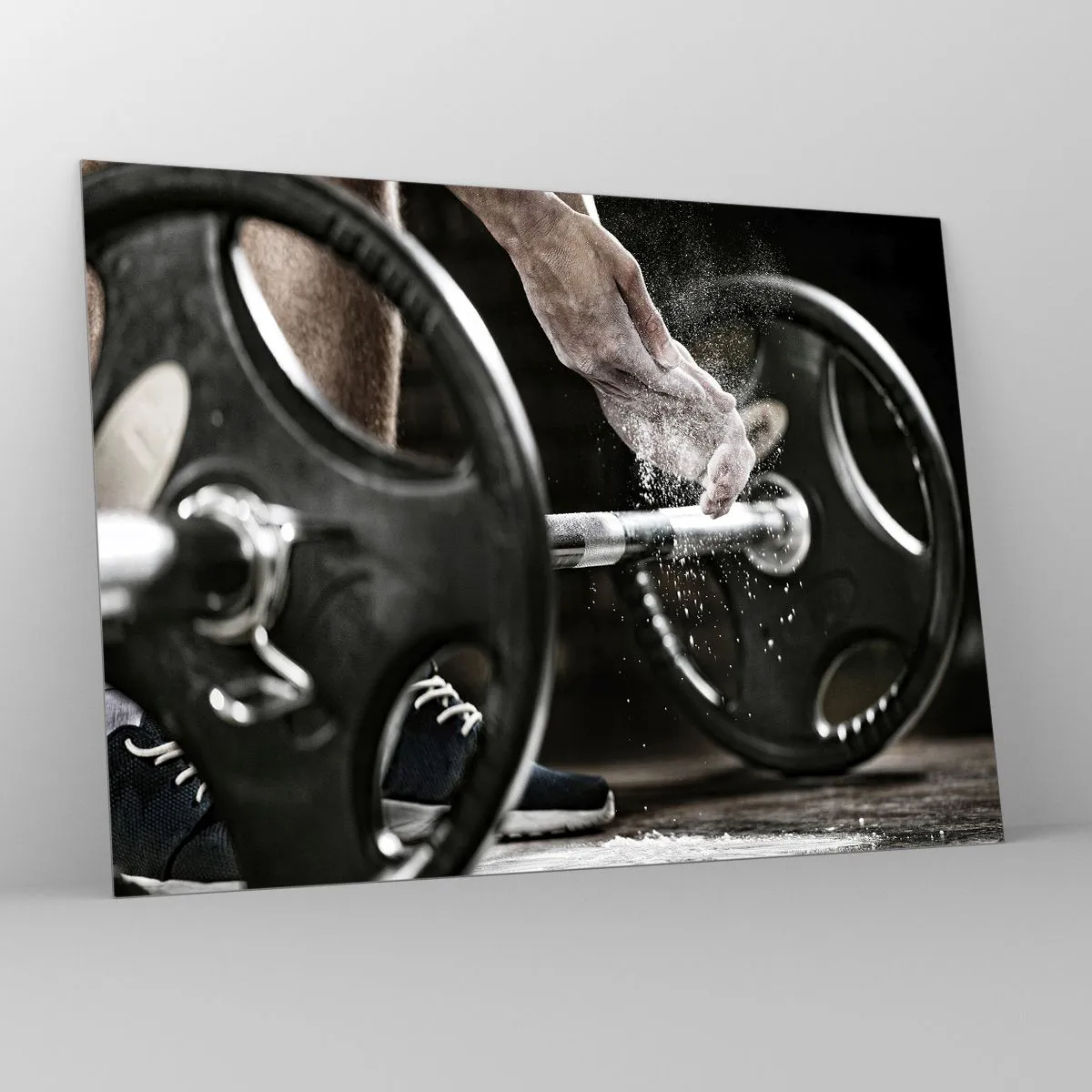 Impression sur verre - Image sur verre - Haltérophilie avec de la craie sur les mains et une barre - 70x50cm - Défi accepté! - Décoration murale moderne pour le salon et la chambre ARTTOR