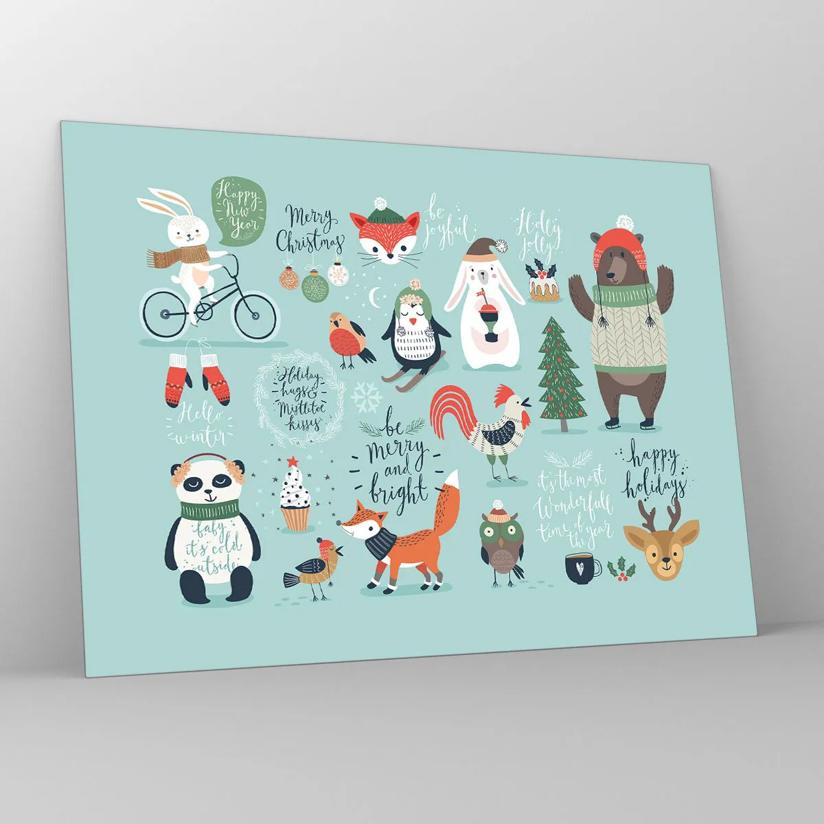 Glass picture - Christmas animal illustrations on a pastel background - 70x50cm - Let Christmas Last Forever! - Modern wall decoration for the living room and bedroom ARTTOR