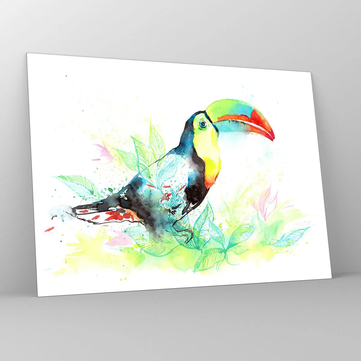 Impression sur verre - Image sur verre - Un toucan coloré dans un paysage aquarelle avec des feuilles - 70x50cm - Aussi coloré que l'Amérique du Sud - Décoration murale moderne pour le salon et la chambre ARTTOR