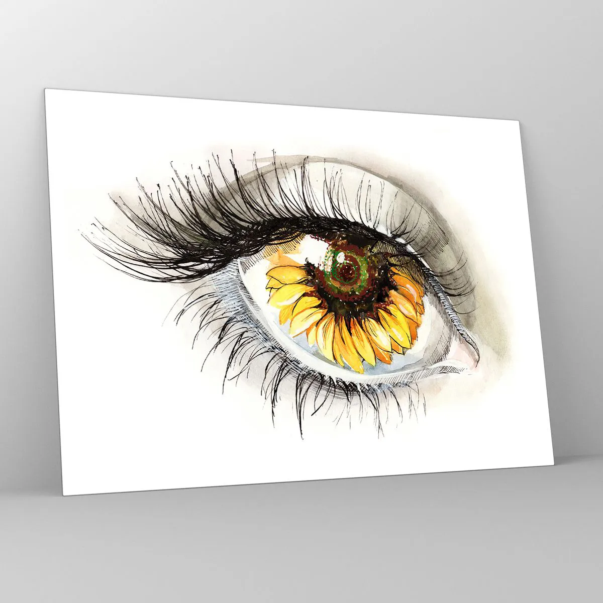 Obraz na skle - Oko s motívom slnečnice obklopené jemnými detailmi - 70x50cm - Pohľad žeravý ako leto - Moderná nástenná dekorácia do obývacej izby a spálne ARTTOR