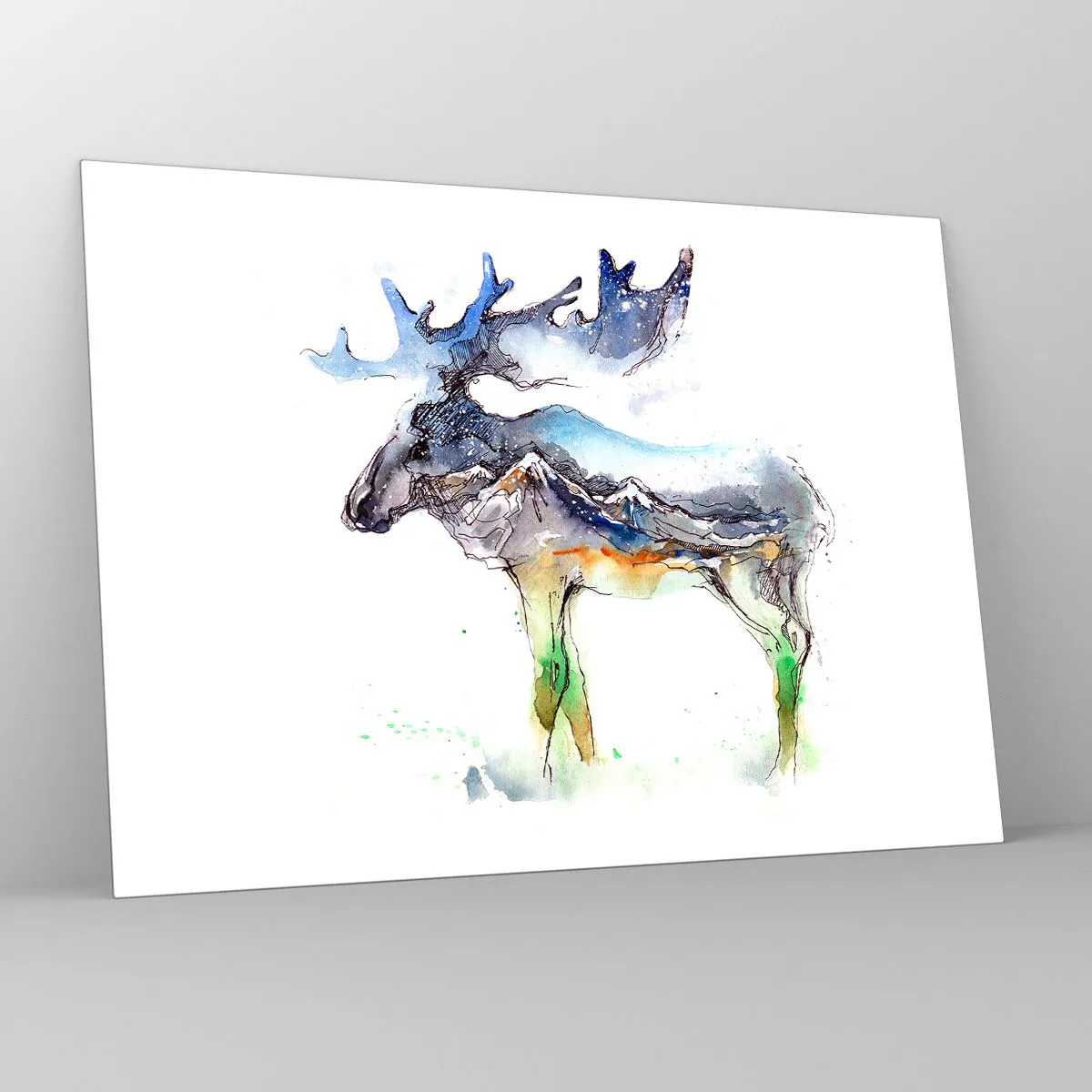 Glasbild - Bild auf glas - Aquarellmalerei eines Elches mit Bergsilhouette-Motiv - 70x50cm - Der Held eines Wintermärchens - Moderne Wanddekoration für Wohnzimmer und Schlafzimmer ARTTOR