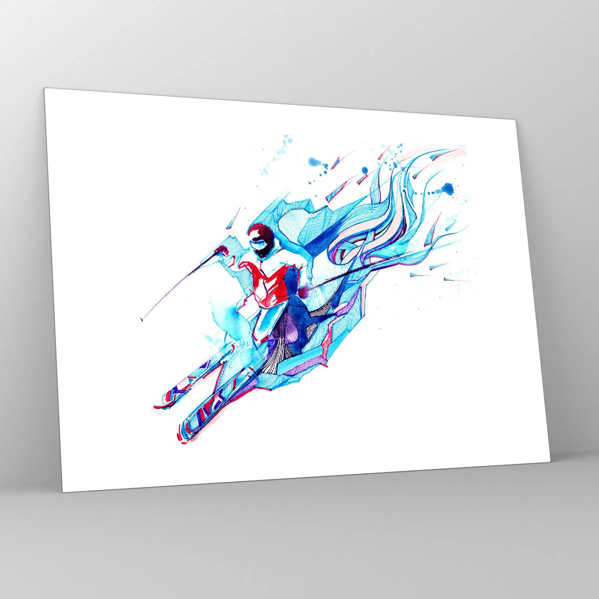 Tablou pe sticlă - O figură dinamică a unui schior în culori abstracte - 70x50cm - Graba nebună după bucurie - Decorațiune modernă pentru perete pentru living și dormitor ARTTOR