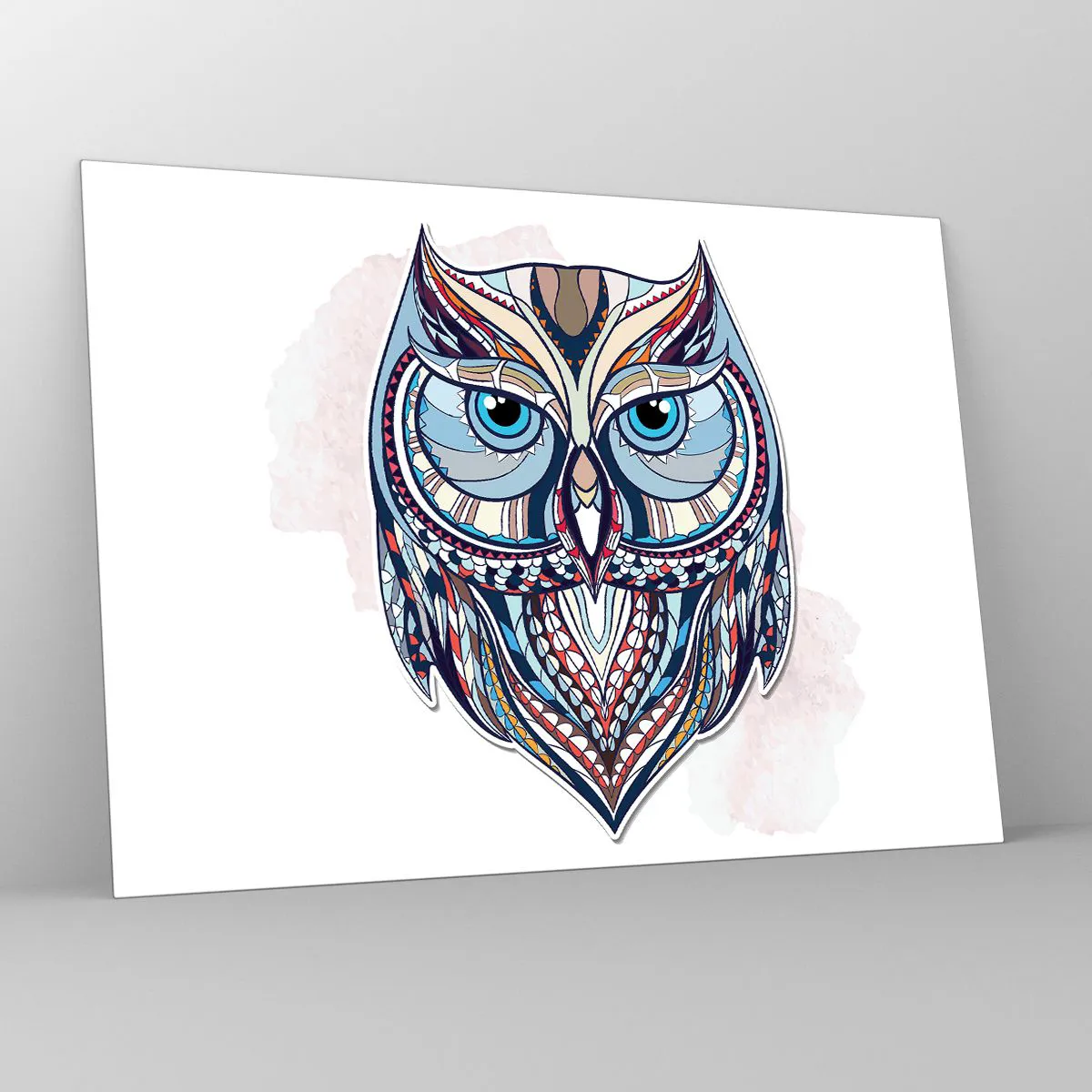 Billede på glas - Farverigt, geometrisk portræt af en ugle - 70x50cm - Kunstnerisk ornamental ugle - Moderne vægdekoration til stue og soveværelse ARTTOR