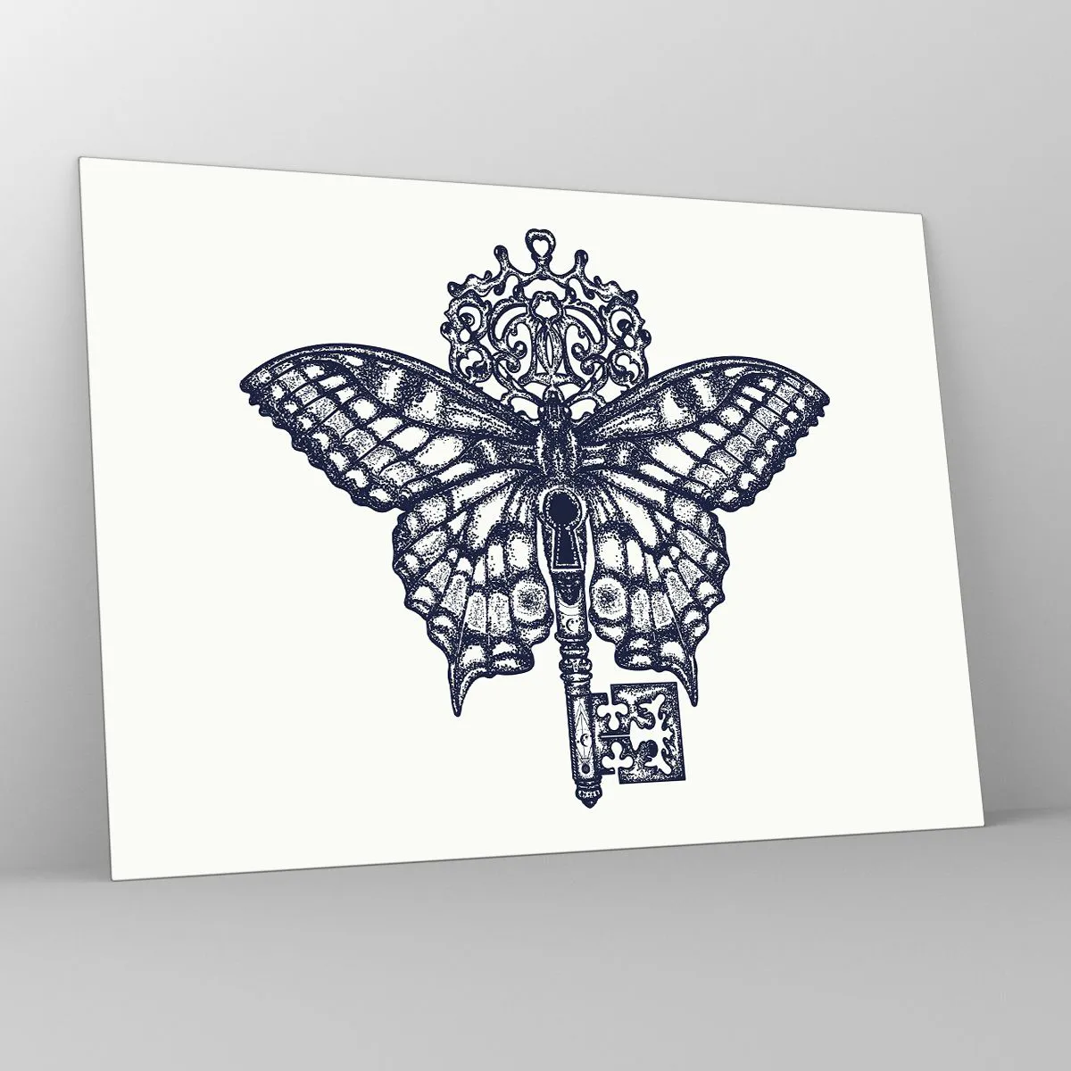 Obraz na skle - Ilustrace motýla s klíčem uprostřed - 70x50cm - Všechna tajemství srdce - Moderní nástěnná dekorace do obývacího pokoje a ložnice ARTTOR