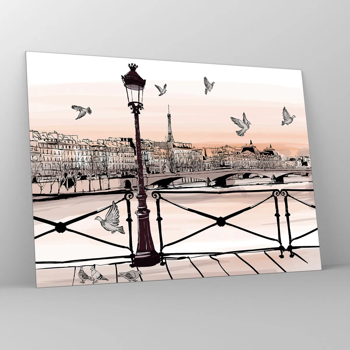 Tablou pe sticlă - Ilustrație a unei străzi pariziene cu vedere la Turnul Eiffel în zori - 70x50cm - Deasupra acoperișurilor Parisului - Decorațiune modernă pentru perete pentru living și dormitor ARTTOR