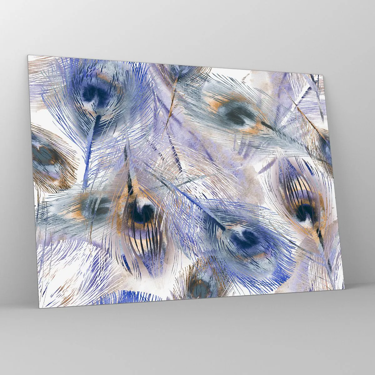 Impression sur verre - Image sur verre - Plumes de paon délicates dans des tons de bleu et de marron - 70x50cm - Composition de paon - Décoration murale moderne pour le salon et la chambre ARTTOR