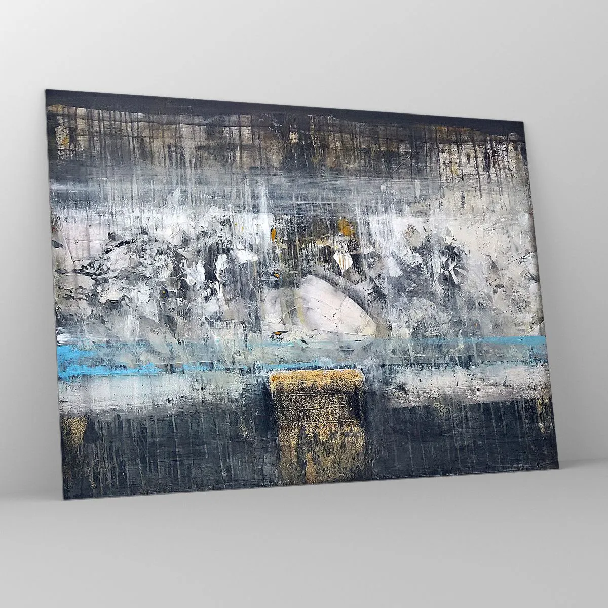 Impression sur verre - Image sur verre - Un paysage abstrait dominé par le gris et le bleu. - 70x50cm - Comme sur la glace, comme après décembre - Décoration murale moderne pour le salon et la chambre ARTTOR