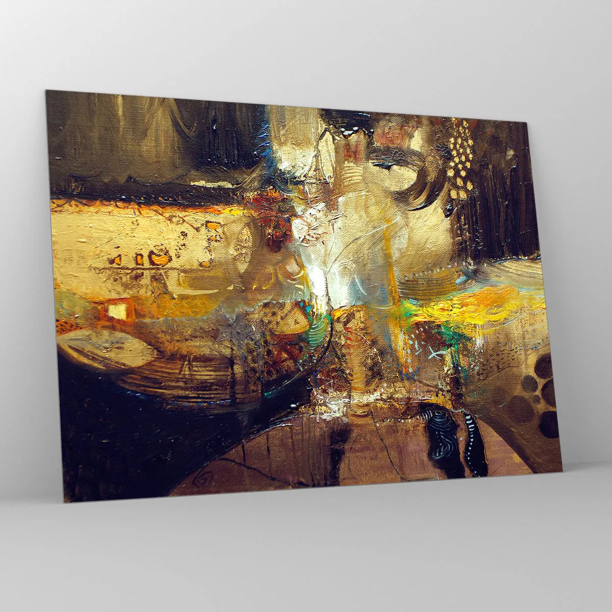 Tablou pe sticlă - Compoziție abstractă în nuanțe de auriu și maro - 70x50cm - Rece, călduț, fierbinte - Decorațiune modernă pentru perete pentru living și dormitor ARTTOR