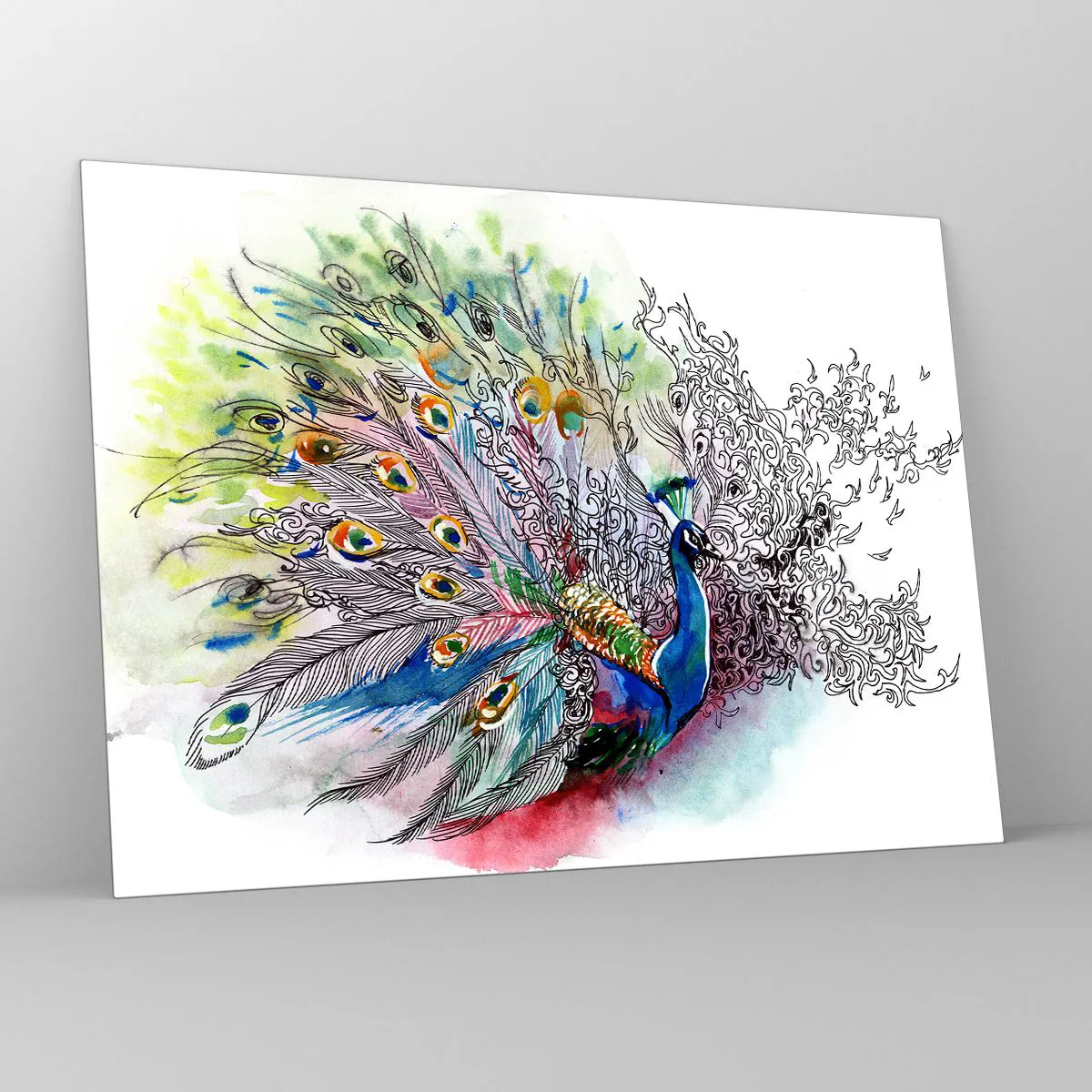 Cuadro sobre vidrio - Impresiones sobre Vidrio - Pavo real colorido en un estilo artístico de acuarela. - 70x50cm - Con orgullo contra el gris - Decoración de pared moderna para salón y dormitorio ARTTOR