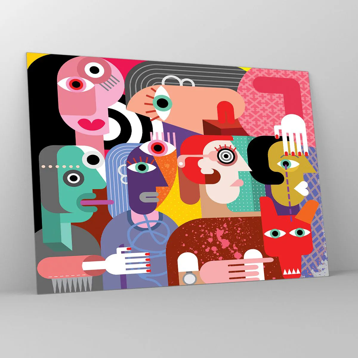 Tablou pe sticlă - Compoziție abstractă de fețe în culori vii - 70x50cm - Am venit de la domnul Picasso - Decorațiune modernă pentru perete pentru living și dormitor ARTTOR