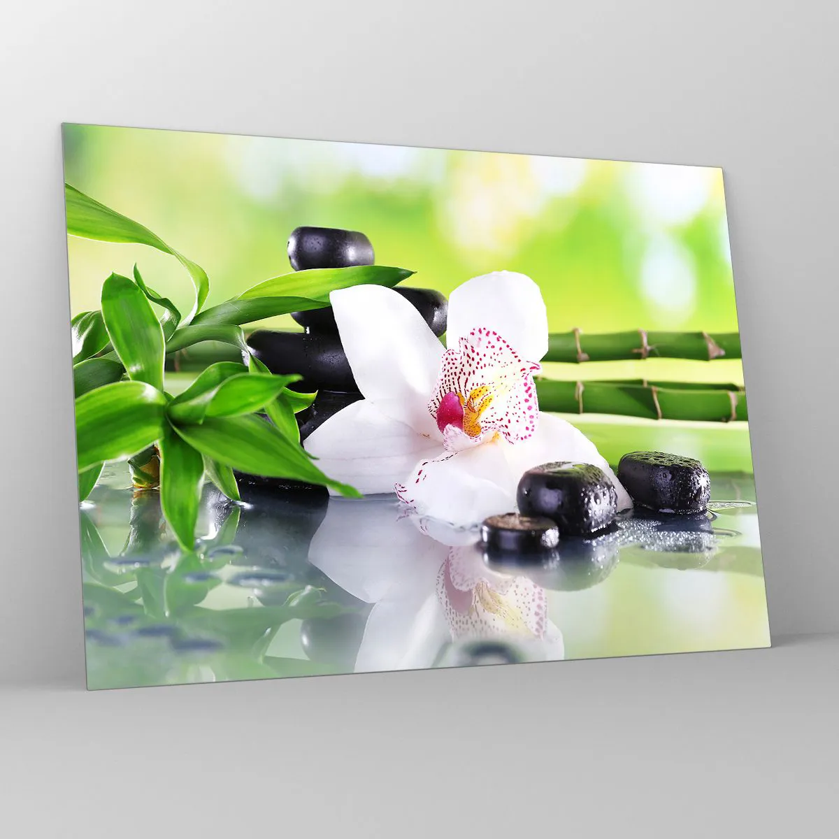 Glass picture - Orchid, bamboo and black stones against a green background - 70x50cm - Cool Freshness - Modern wall decoration for the living room and bedroom ARTTOR