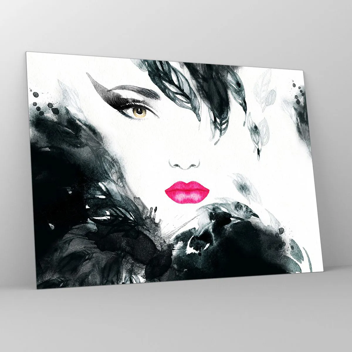 Glastavla - Bild på glas - Porträtt av en kvinna med rosa läppar och svarta accenter - 70x50cm - Observera! Femme fatale - Modern väggdekoration för vardagsrum och sovrum ARTTOR