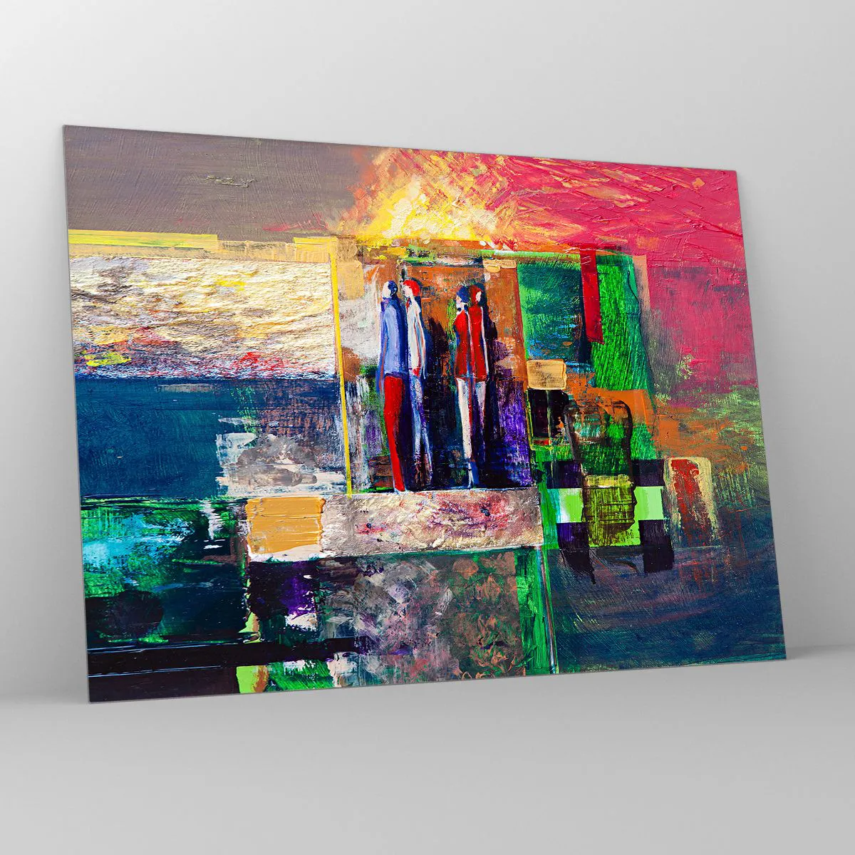 Billede på glas - En abstrakt komposition med figurer og intense farver. - 70x50cm - Forhold og følelser - Moderne vægdekoration til stue og soveværelse ARTTOR