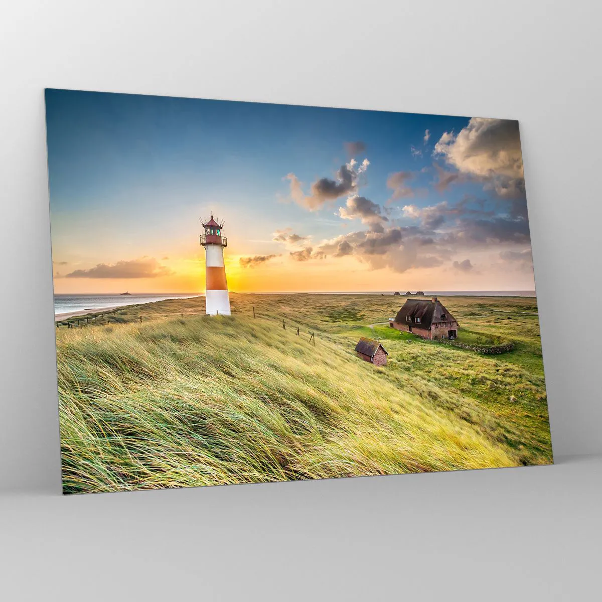 Cuadro sobre vidrio - Impresiones sobre Vidrio - Un faro al atardecer sobre un mar tempestuoso - 70x50cm - Entre las olas - Decoración de pared moderna para salón y dormitorio ARTTOR