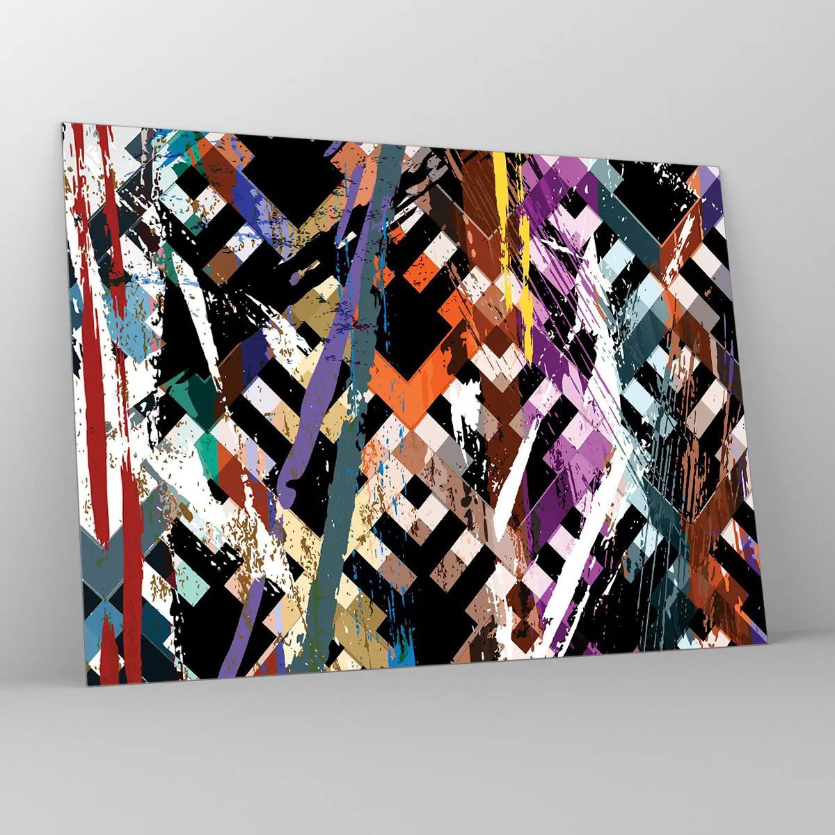 Quadro em vidro - Uma composição abstrata com padrões geométricos e cores intensas. - 70x50cm - Ao quadrado - Decoração de parede moderna para a sala de estar e quarto ARTTOR