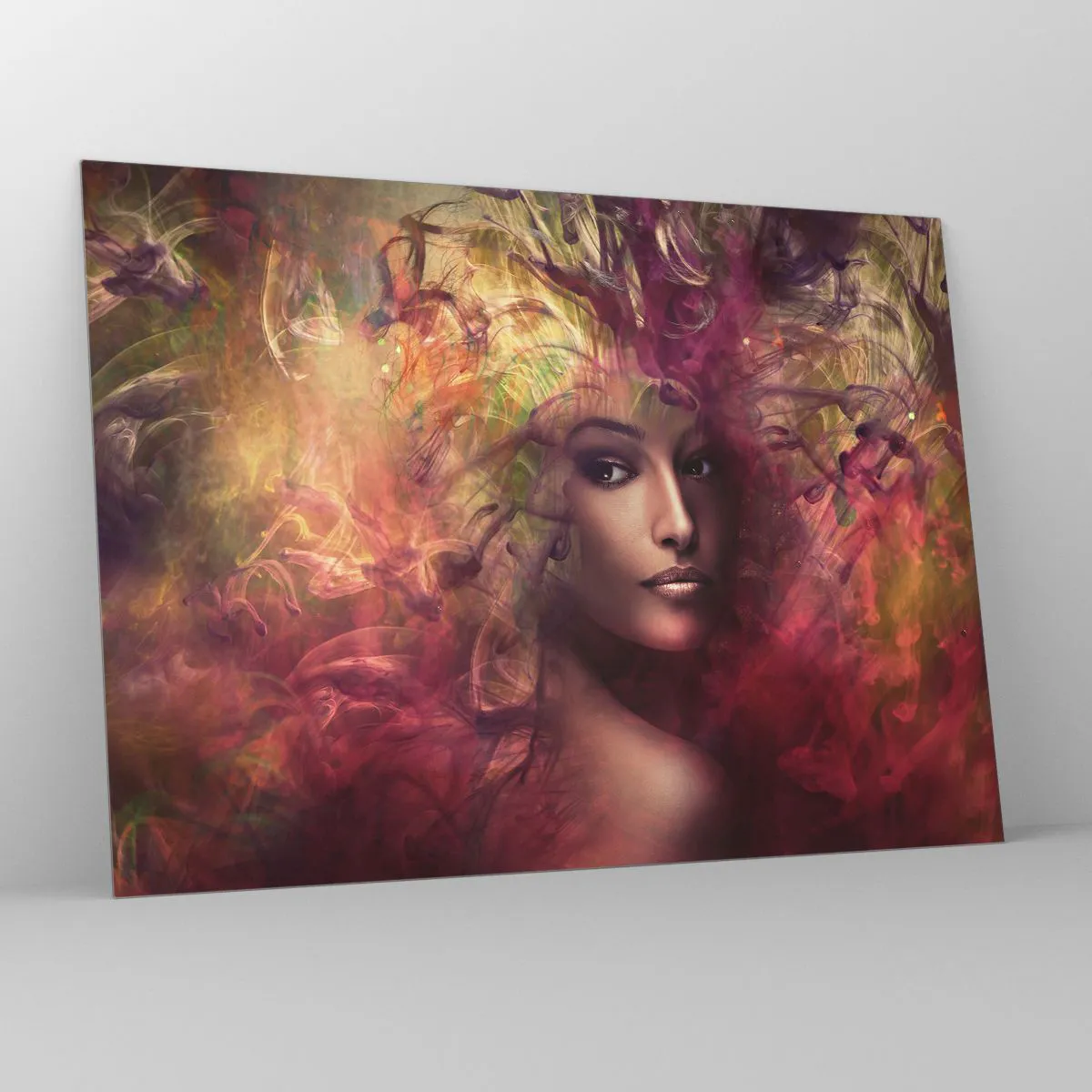 Tablou pe sticlă - Portretul unei femei înconjurate de culori luminoase, abstracte - 70x50cm - Iată-mă! - Decorațiune modernă pentru perete pentru living și dormitor ARTTOR