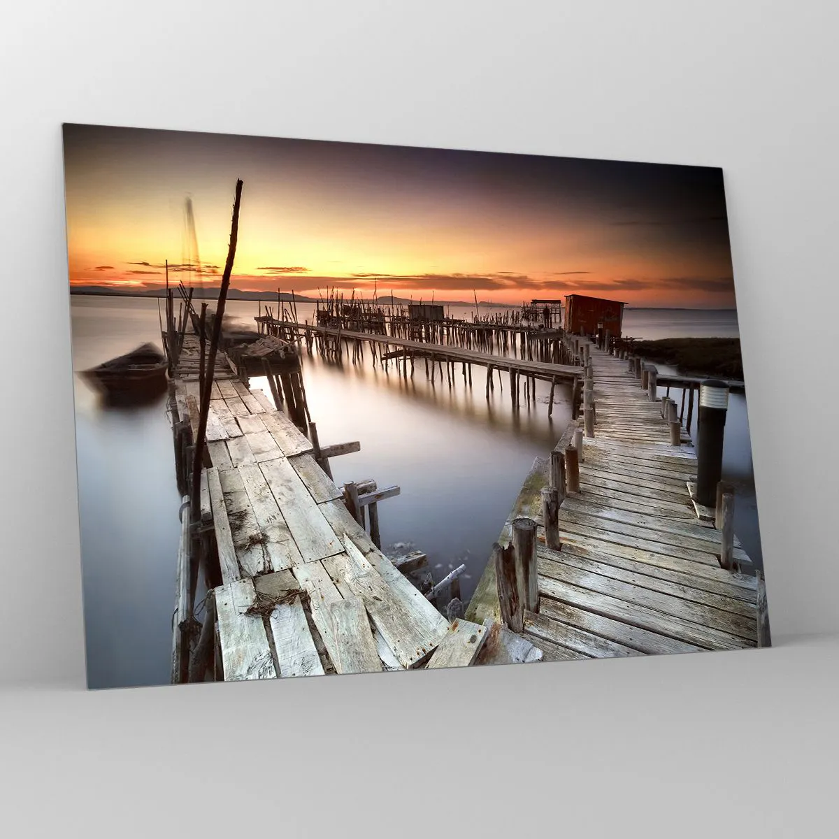 Tablou pe sticlă - Debarcader din lemn la apus peste un lac liniștit - 70x50cm - Autentic, nu o atracție turistică - Decorațiune modernă pentru perete pentru living și dormitor ARTTOR