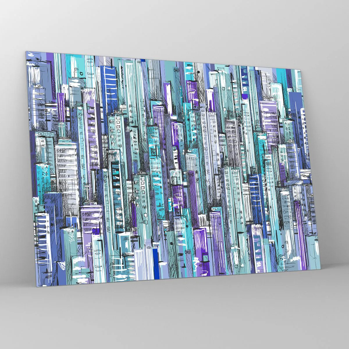 Quadro em vidro - Ilustração de uma cidade cheia de arranha-céus em tons frios - 70x50cm - Azul do céu - Decoração de parede moderna para a sala de estar e quarto ARTTOR