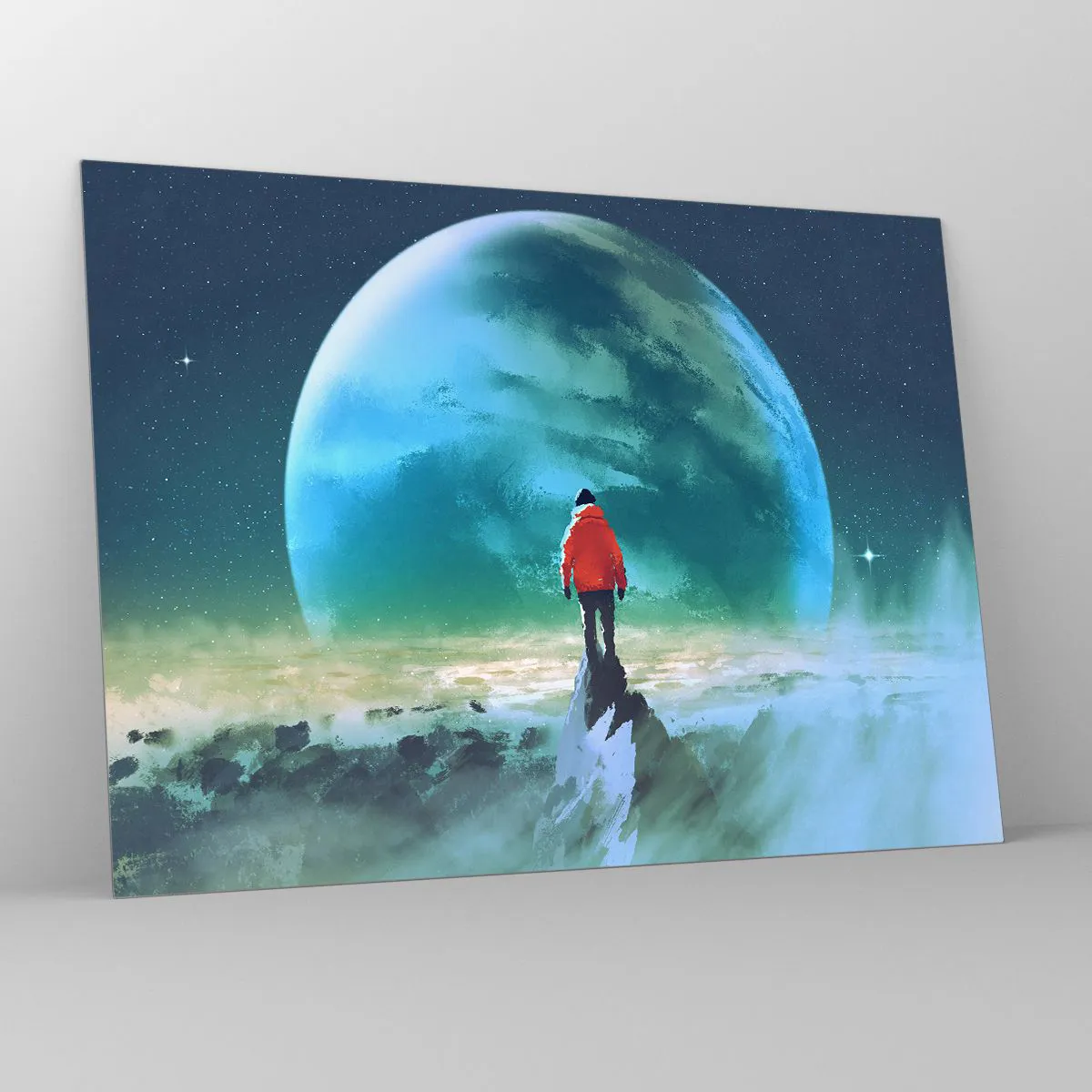Billede på glas - En figur i en rød jakke på baggrund af en enorm planet og stjerner - 70x50cm - Opdageren af et nyt land - Moderne vægdekoration til stue og soveværelse ARTTOR