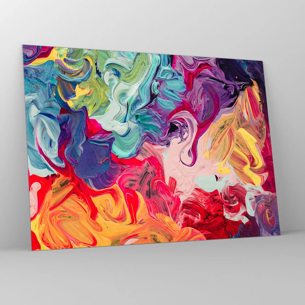 Glastavla - Bild på glas - Abstrakta färgglada strimmor av färg på duk i intensiva färger - 70x50cm - Färgerna föds - Modern väggdekoration för vardagsrum och sovrum ARTTOR