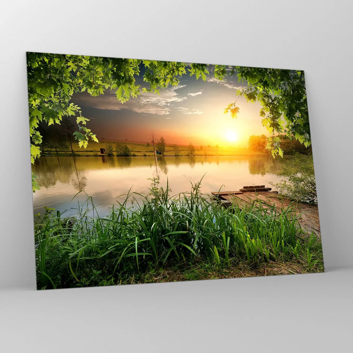 Glass picture - Landscape with a lake surrounded by greenery at sunset - 70x50cm - Landscape in a Green Frame - Modern wall decoration for the living room and bedroom ARTTOR