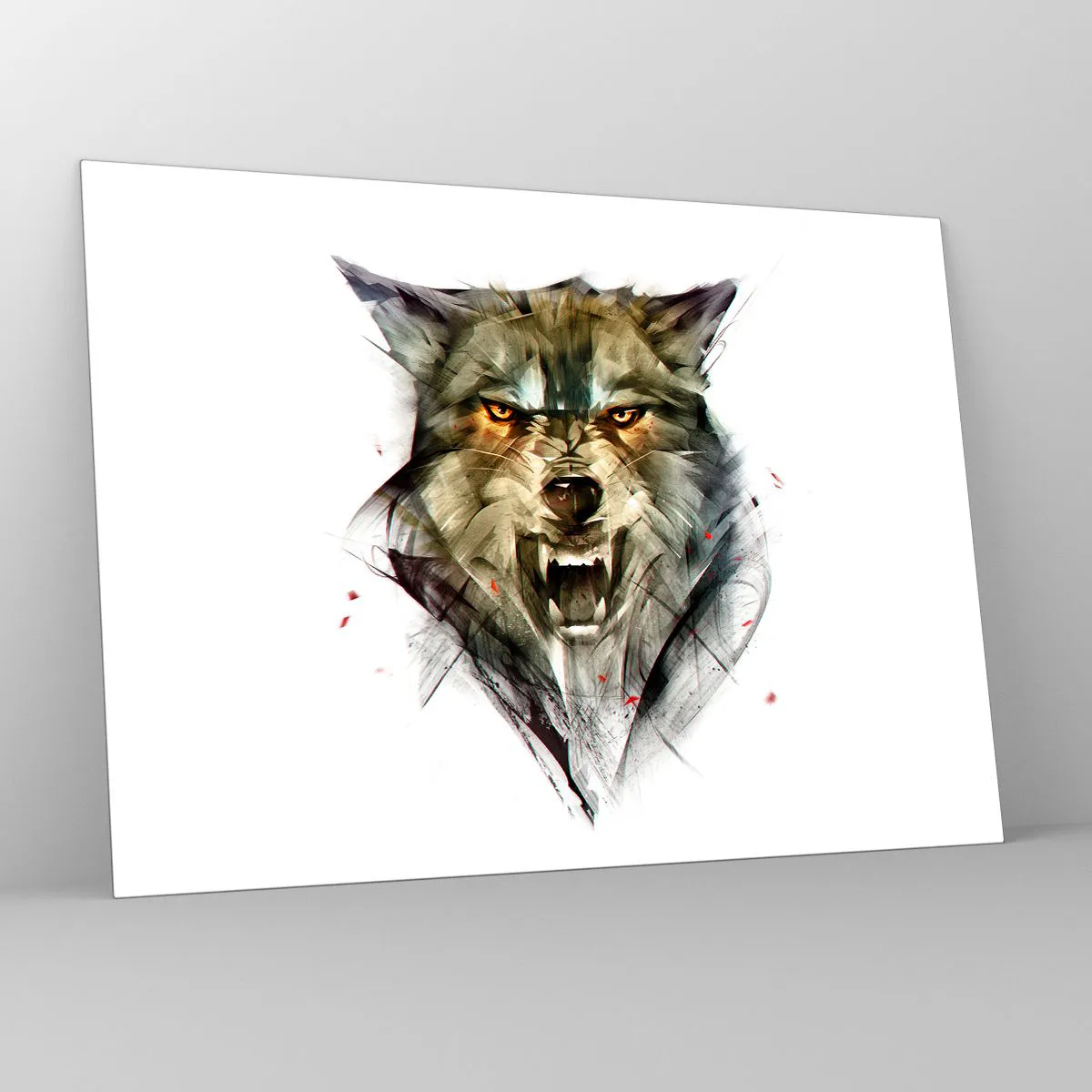 Tablou pe sticlă - O imagine a unui lup amenințător cu gura deschisă și o privire intensă - 70x50cm - Nici un pas! - Decorațiune modernă pentru perete pentru living și dormitor ARTTOR