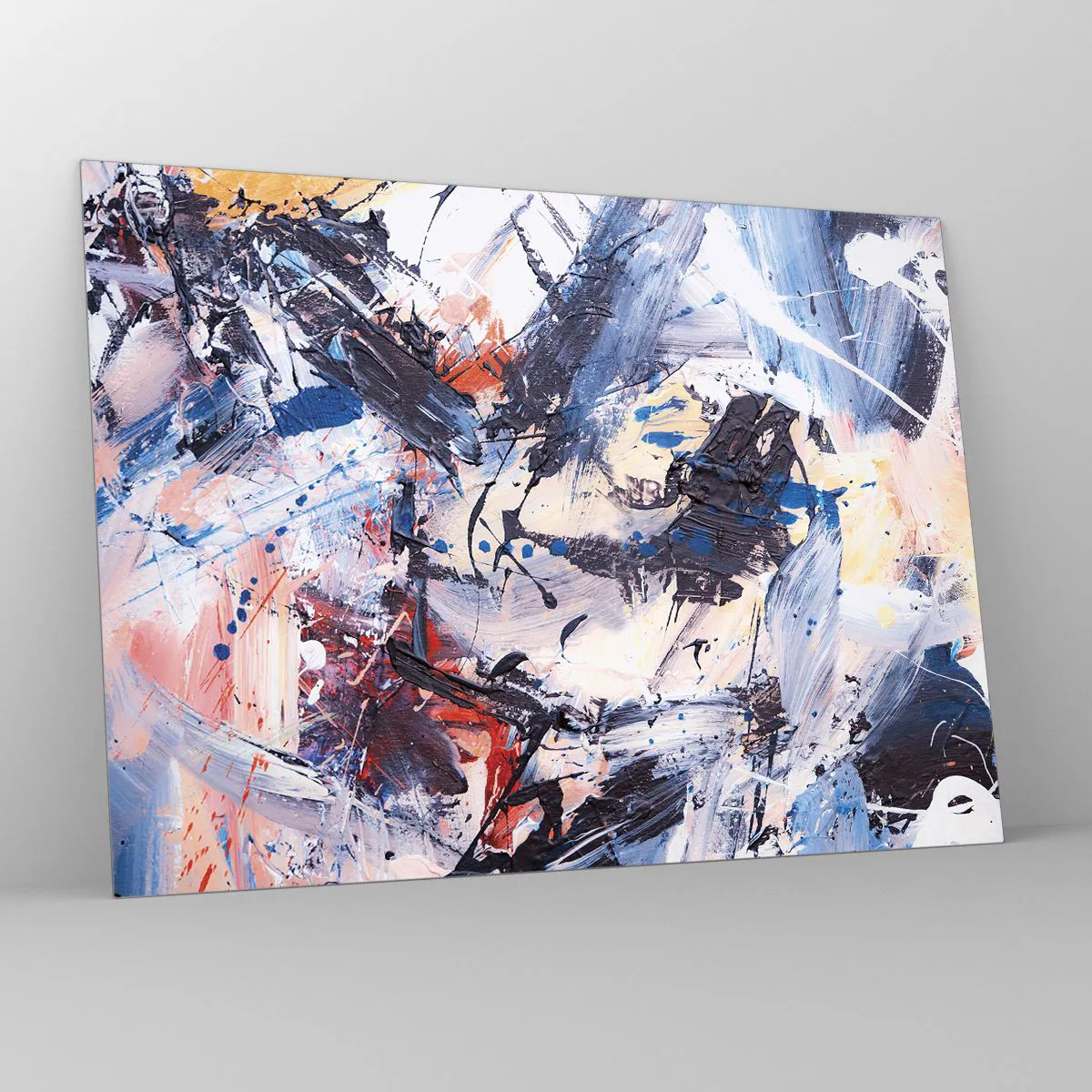 Billede på glas - Abstrakt maleri i intense farver - 70x50cm - Abstraktionens vanvittige dans - Moderne vægdekoration til stue og soveværelse ARTTOR