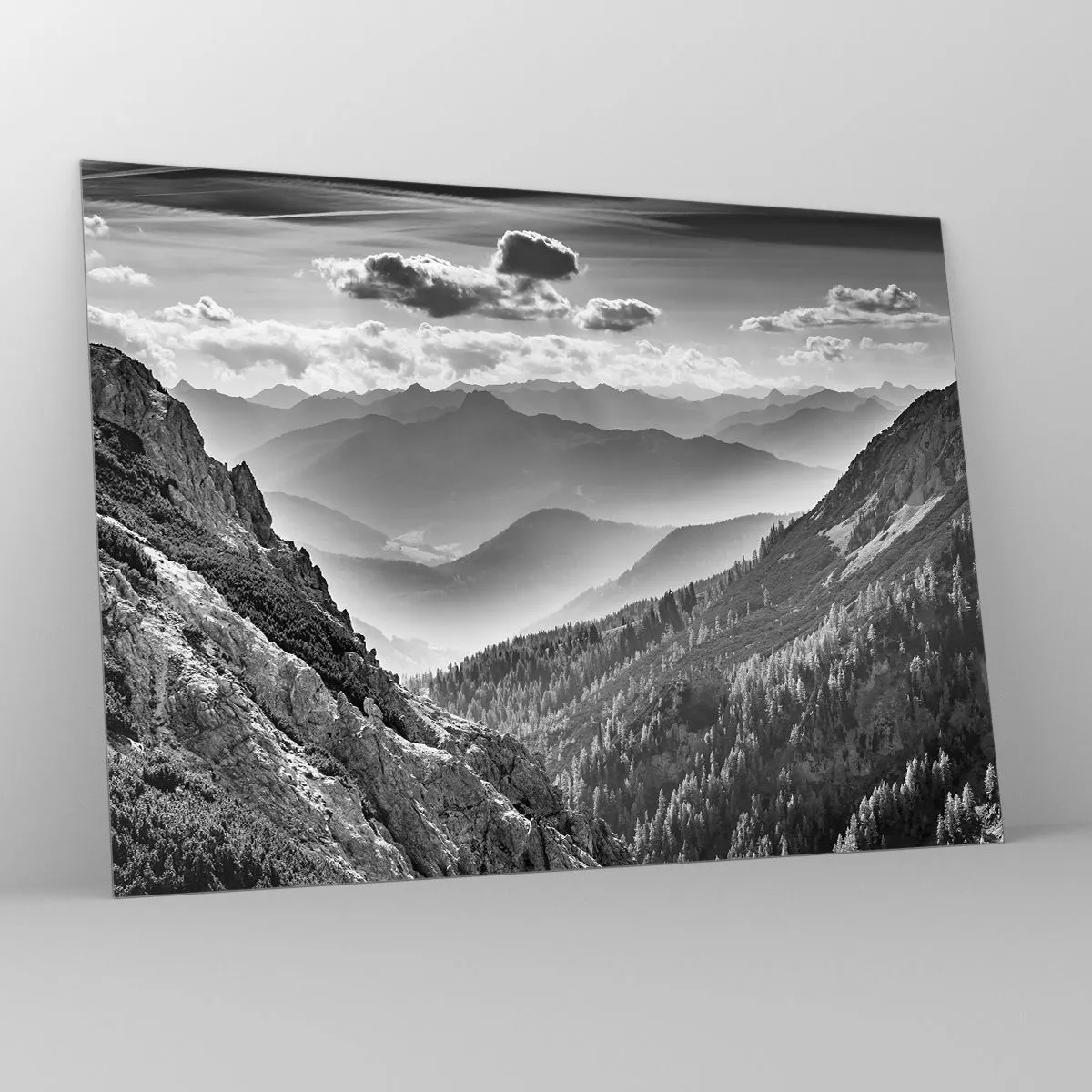 Impression sur verre - Image sur verre - Panorama de montagne en noir et blanc avec vue sur la vallée - 70x50cm - Jusqu'à l'horizon - Décoration murale moderne pour le salon et la chambre ARTTOR