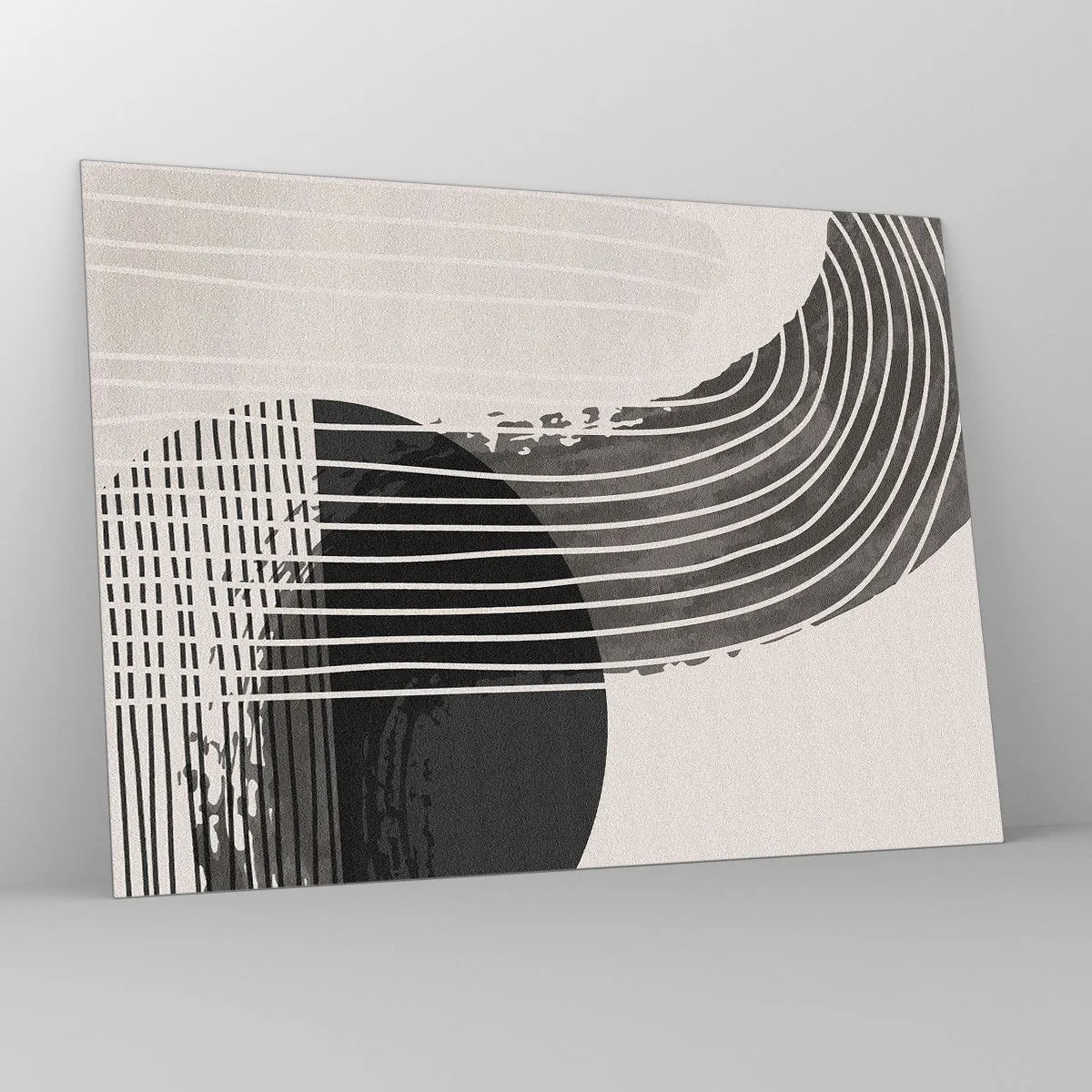 Billede på glas - Sort-hvid abstraktion med linjer og geometriske former - 70x50cm - Derhen og tilbage - Moderne vægdekoration til stue og soveværelse ARTTOR