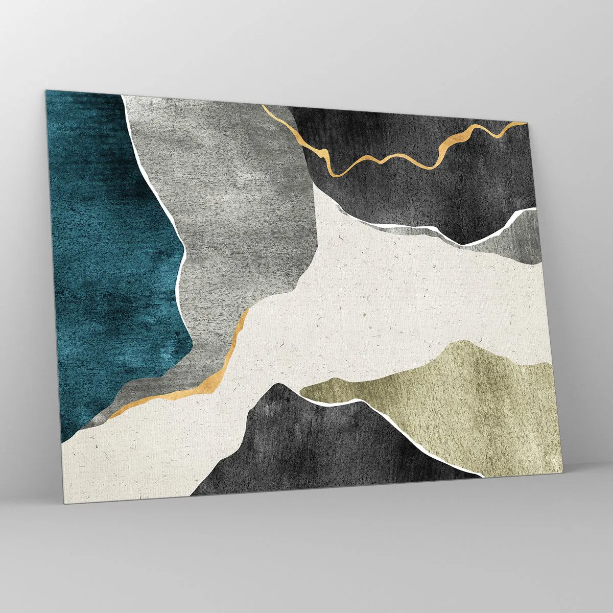 Obraz na szkle - Abstrakcyjna mozaika z organicznymi kształtami i złotą linią - 70x50cm - Mozaikowa kompozycja z nitką złota - Nowoczesna dekoracja ścienna do salonu i sypialni ARTTOR