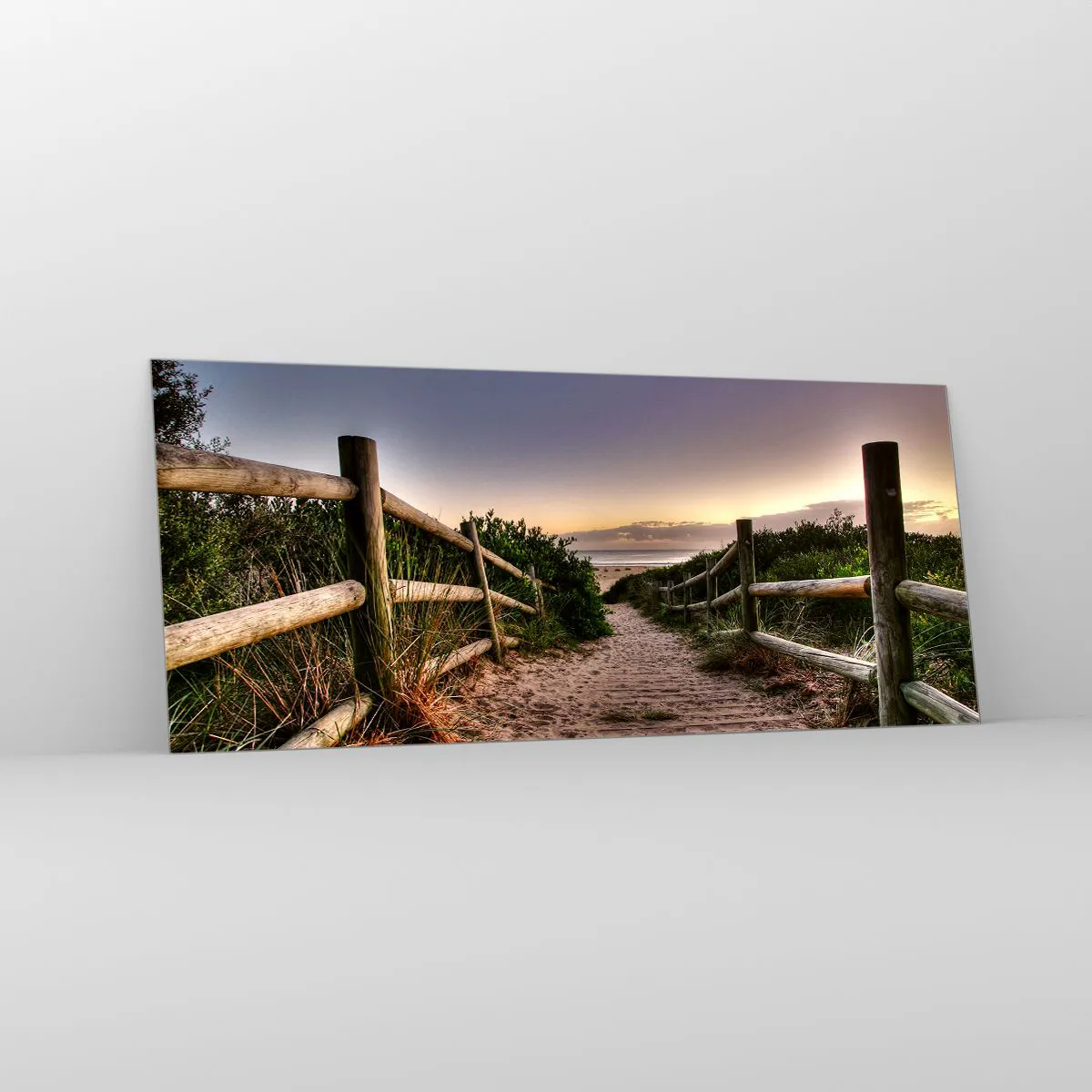 Cuadro sobre vidrio - Impresiones sobre Vidrio - Camino de madera en las dunas que conduce a la playa al atardecer - 120x50cm - Objetivo a la vista - Decoración de pared moderna para salón y dormitorio ARTTOR