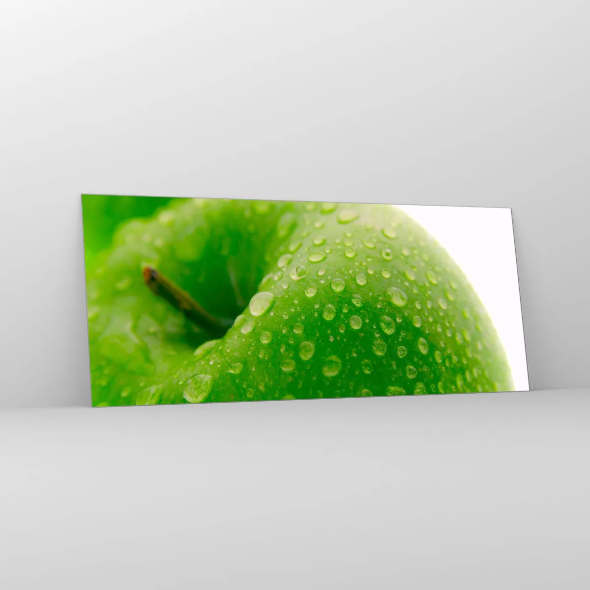 Quadro su vetro - Primo piano di una mela verde con gocce d'acqua - 120x50cm - Rinfrescante verde freschezza - Decorazione murale moderna per soggiorno e camera da letto ARTTOR